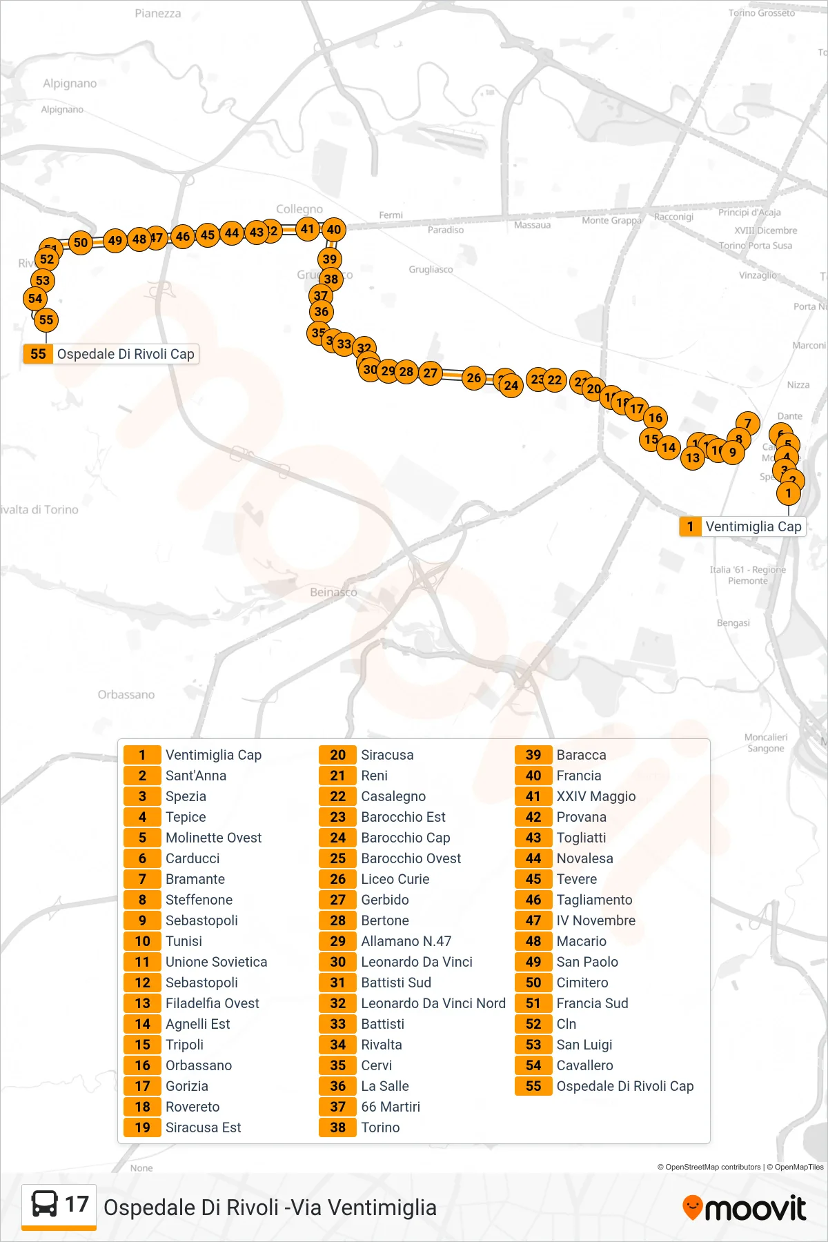 Linea 17 bus (Rivoli Ospedale) - Percorsi e fermate sulla mappa