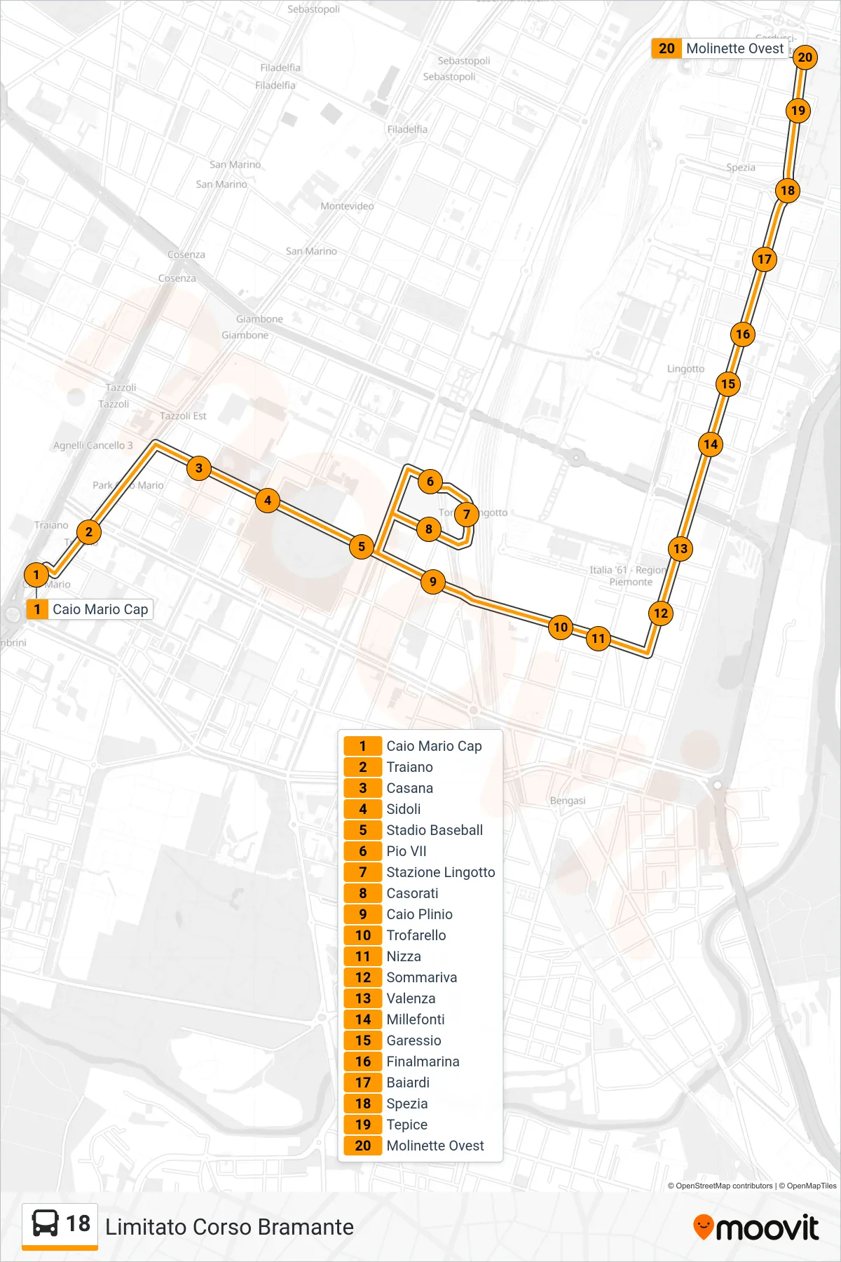 Linea 18 bus (Limitato Corso Bramante) - Percorsi e fermate sulla mappa