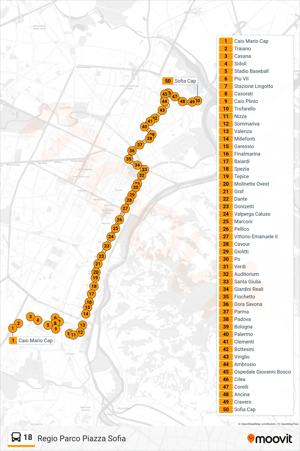 Linea 18 bus (Regio Parco Piazza Sofia) - Percorsi e fermate sulla mappa