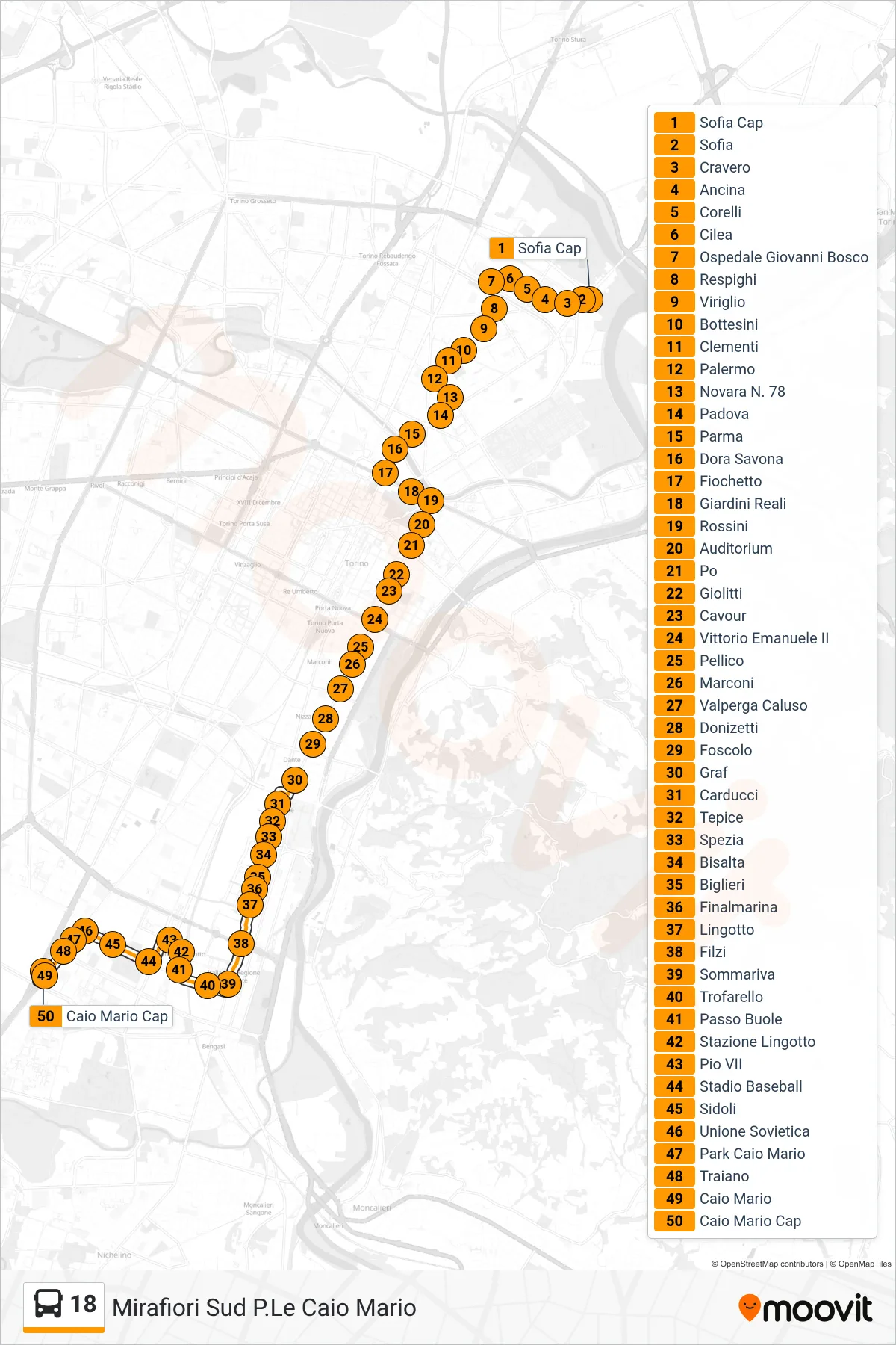 Linea 18 bus (Mirafiori Sud P.Le Caio Mario) - Percorsi e fermate sulla mappa