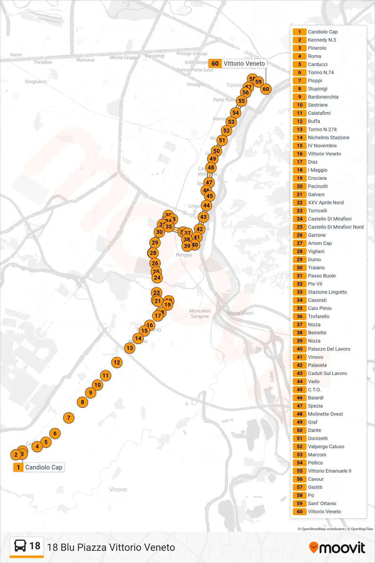 Linea 18 bus (18 Blu Piazza Vittorio Veneto) - Percorsi e fermate sulla mappa