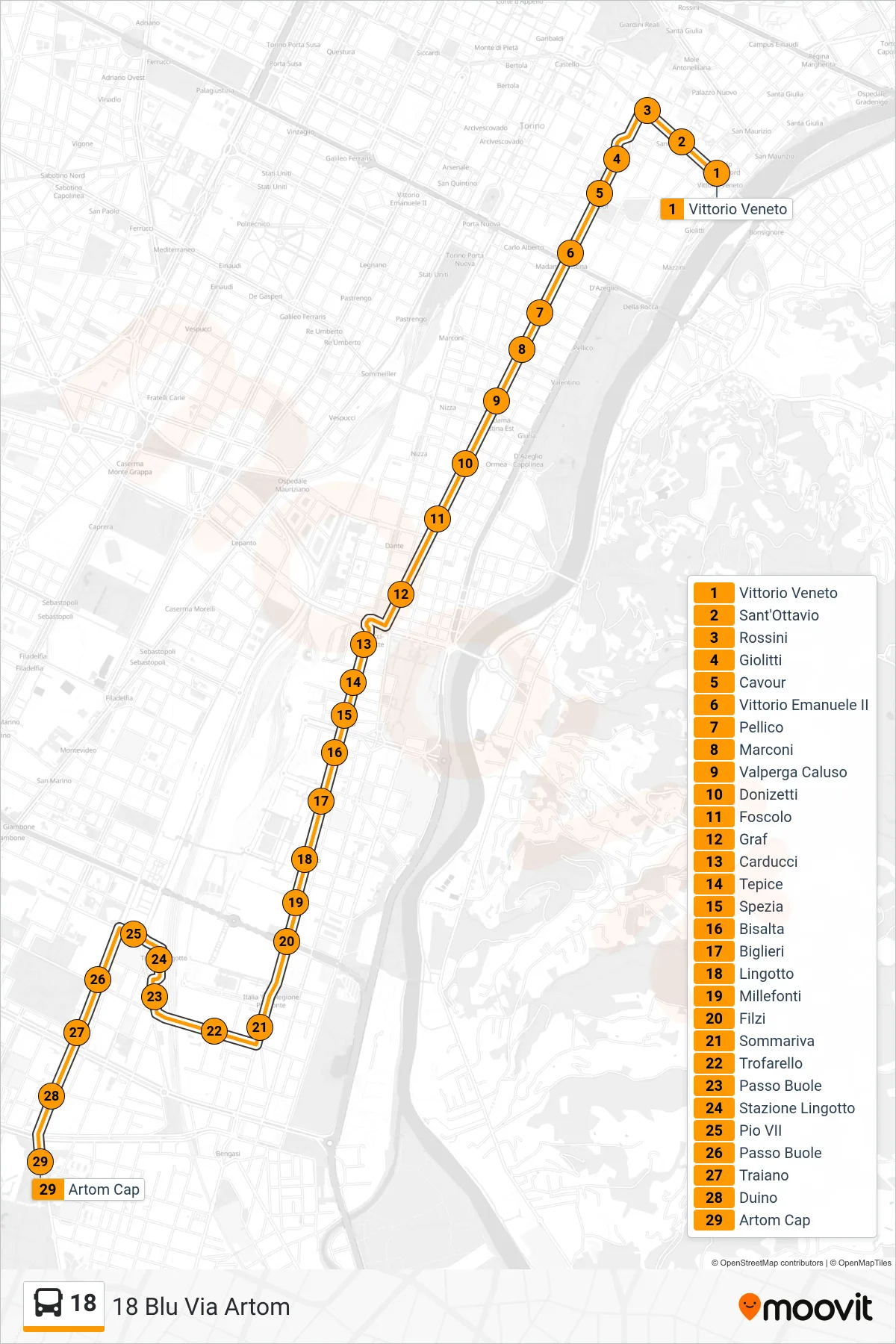 Linea 18  bus (18 Blu Via Artom) - Percorsi e fermate sulla mappa