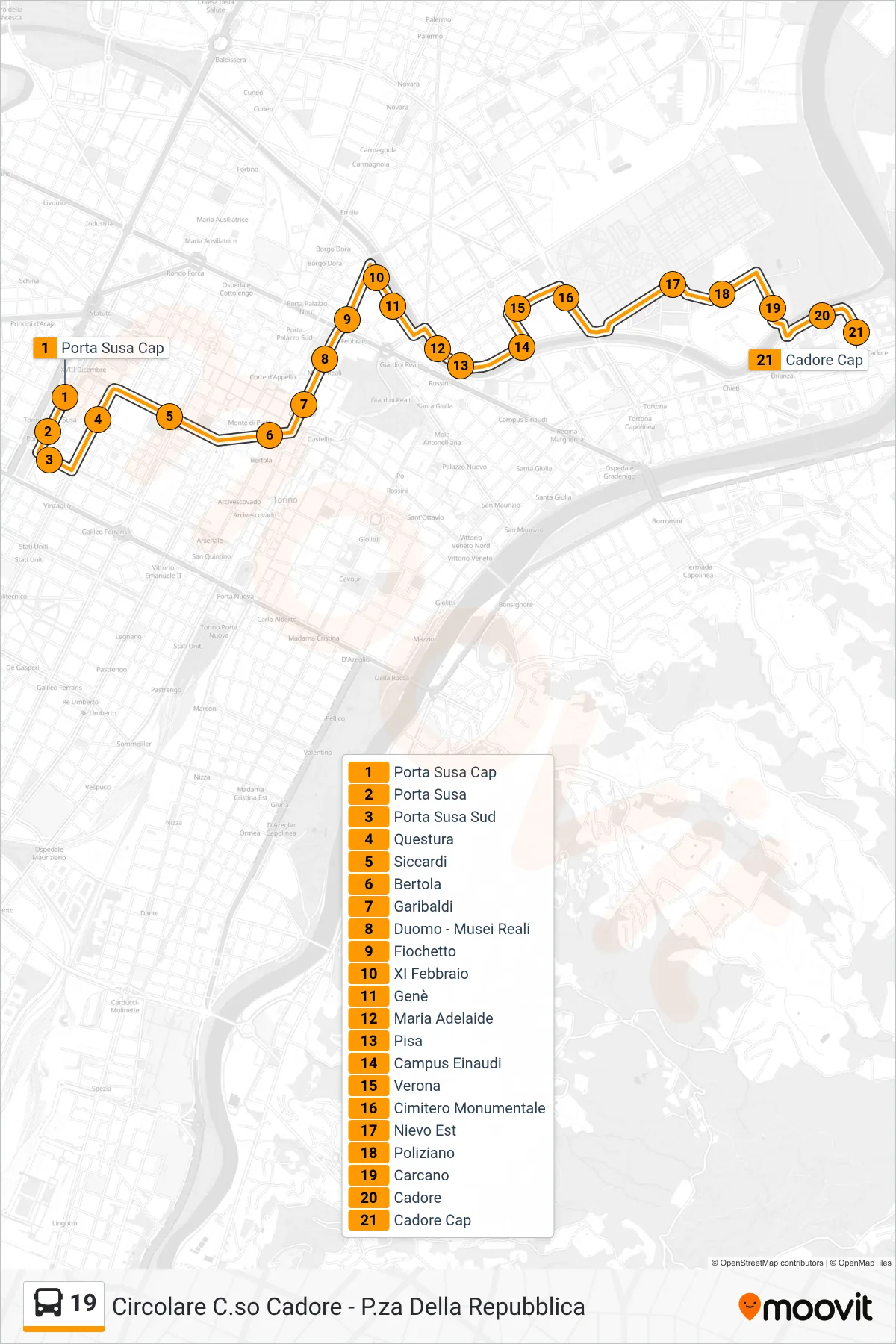 19 bus Line (Cadore) route and stops on a map