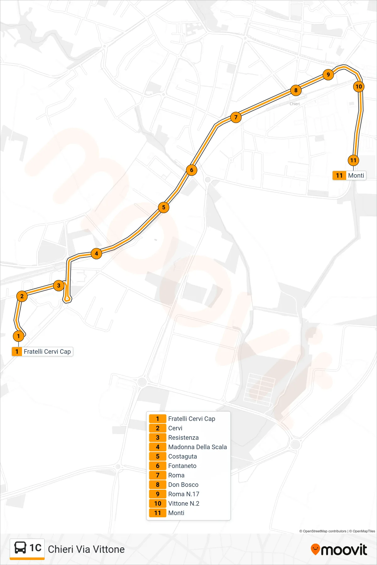 Linea 1C  bus (Chieri Via Vittone) - Percorsi e fermate sulla mappa