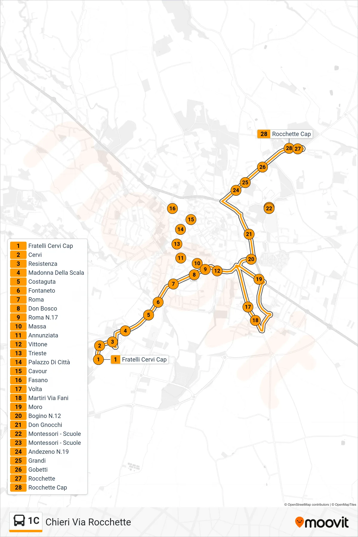 Linea 1C bus (Chieri Via Rocchette) - Percorsi e fermate sulla mappa