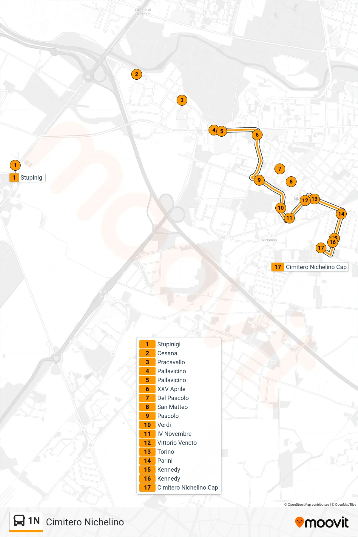 Linea 1N  bus (Cimitero Nichelino) - Percorsi e fermate sulla mappa