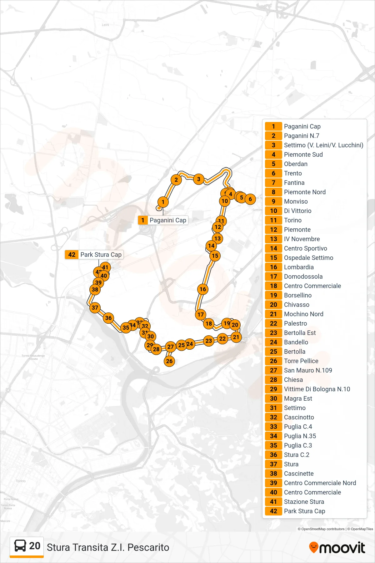 Linea 20  bus (Stura Transita Z.I. Pescarito) - Percorsi e fermate sulla mappa