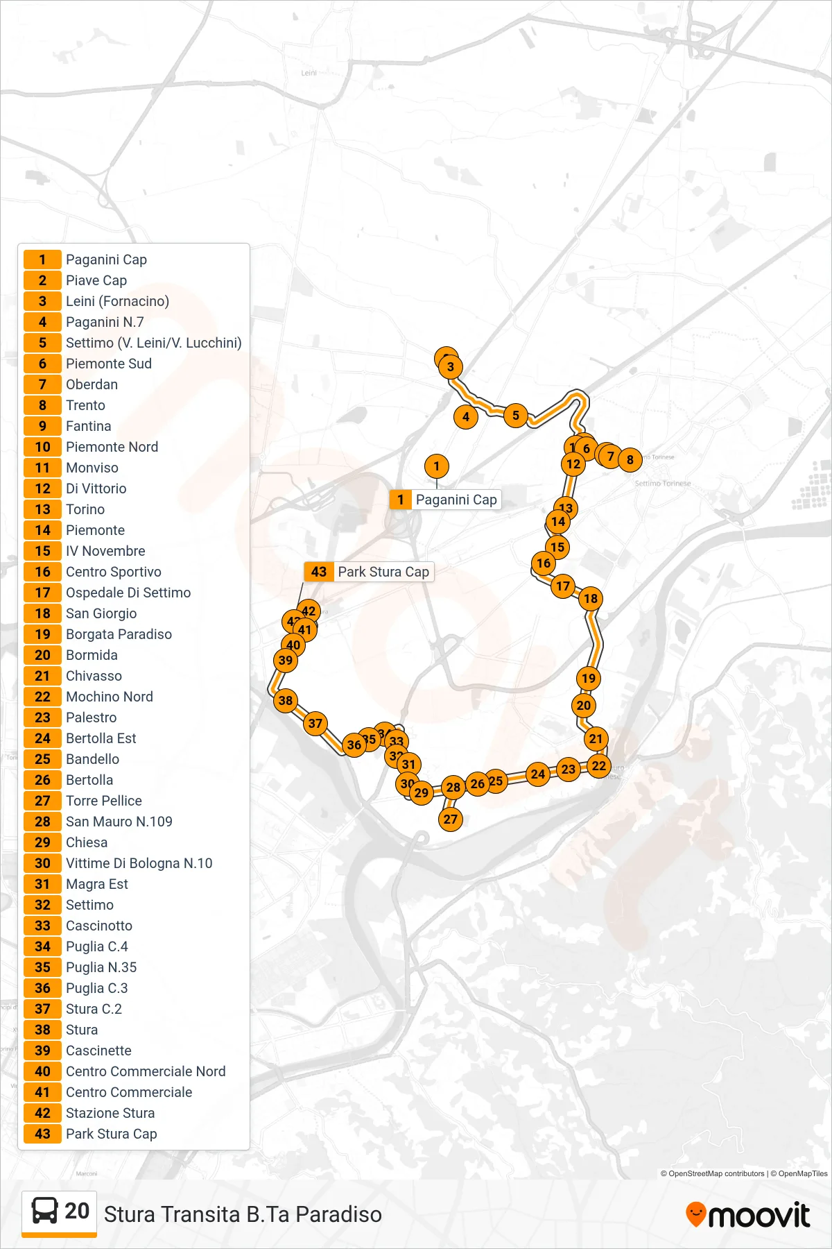 Linea 20  bus (Stura Transita B.Ta Paradiso) - Percorsi e fermate sulla mappa