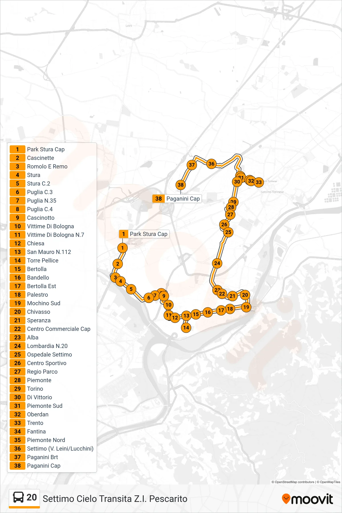 Linea 20  bus (Settimo Cielo Transita Z.I. Pescarito) - Percorsi e fermate sulla mappa