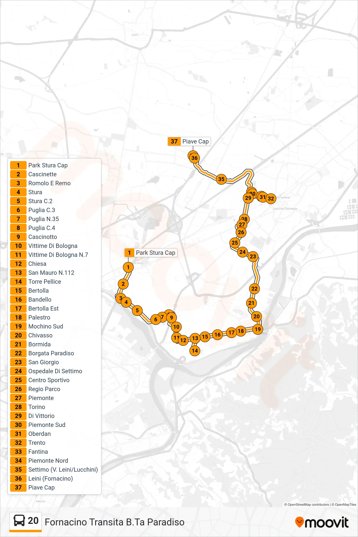 Linea 20  bus (Fornacino Transita B.Ta Paradiso) - Percorsi e fermate sulla mappa