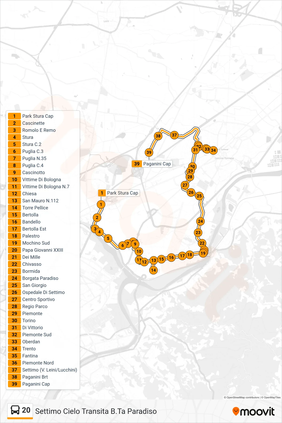 Linea 20 bus (Settimo Cielo Transita B.Ta Paradiso) - Percorsi e fermate sulla mappa