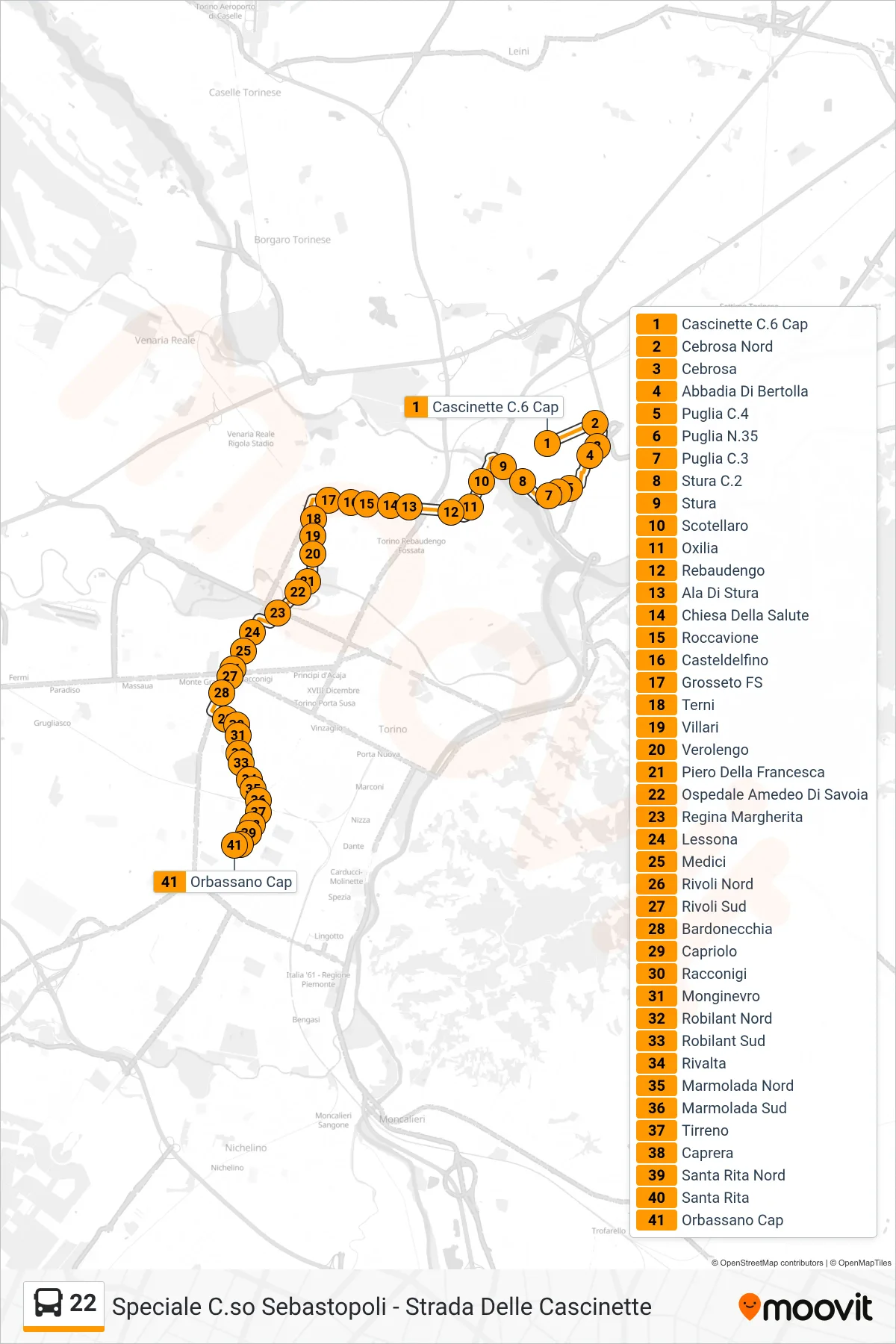 Linea 22 bus (Santa Rita Corso Sebastopoli) - Percorsi e fermate sulla mappa