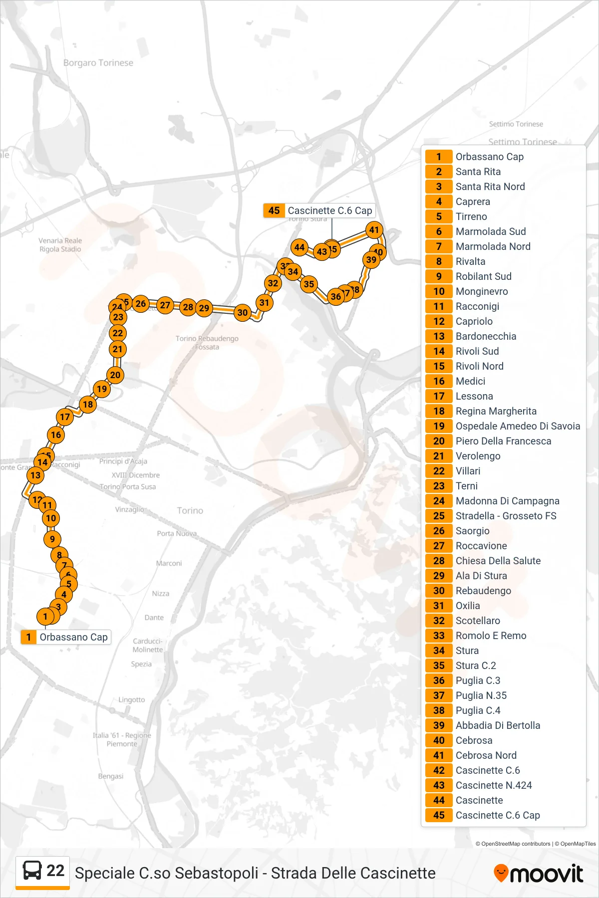 22 bus Line (Cnh Iveco Strada Cascinette) route and stops on a map