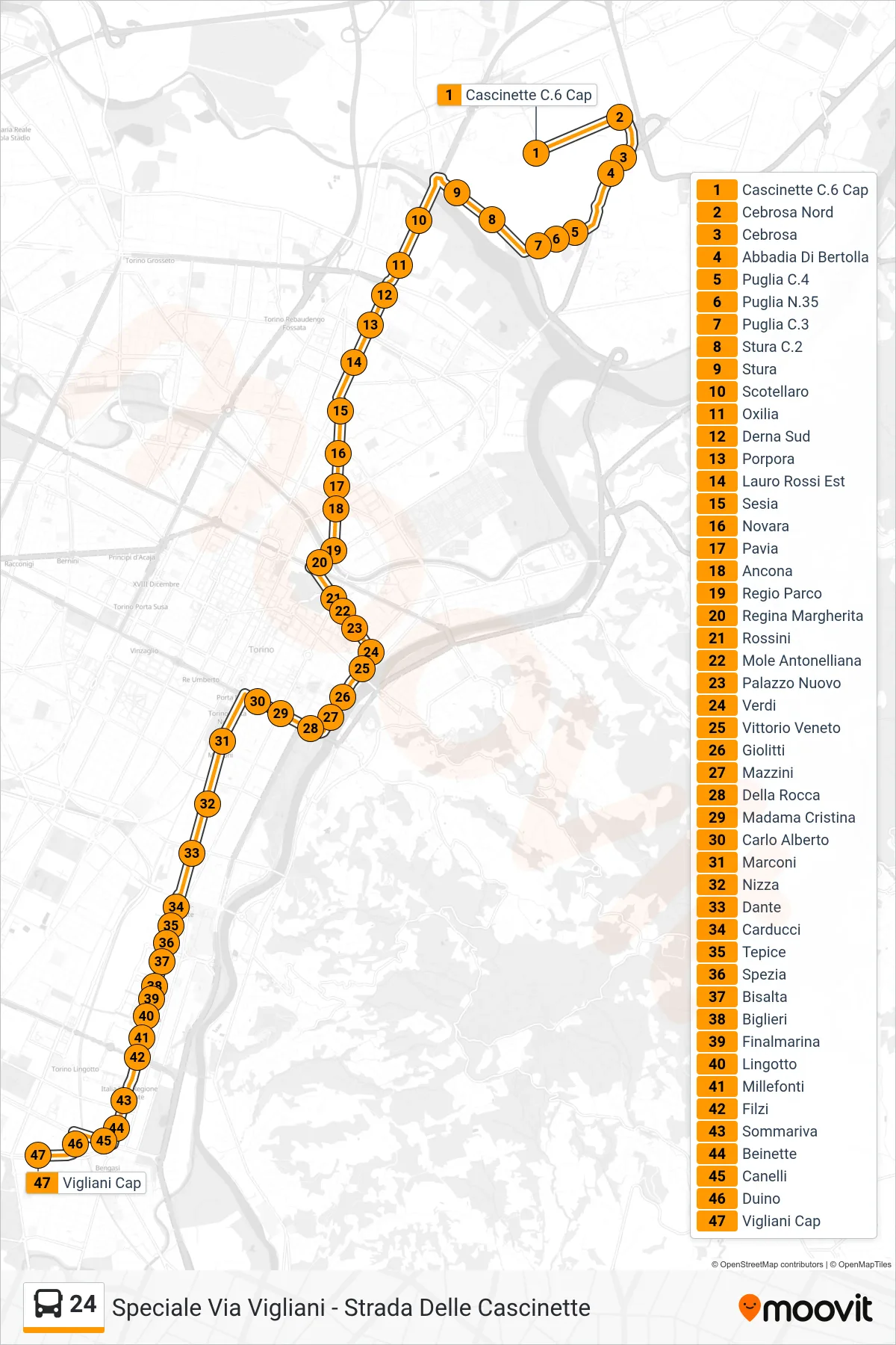 Linea 24 bus (Basse Lingotto Via Vigliani) - Percorsi e fermate sulla mappa