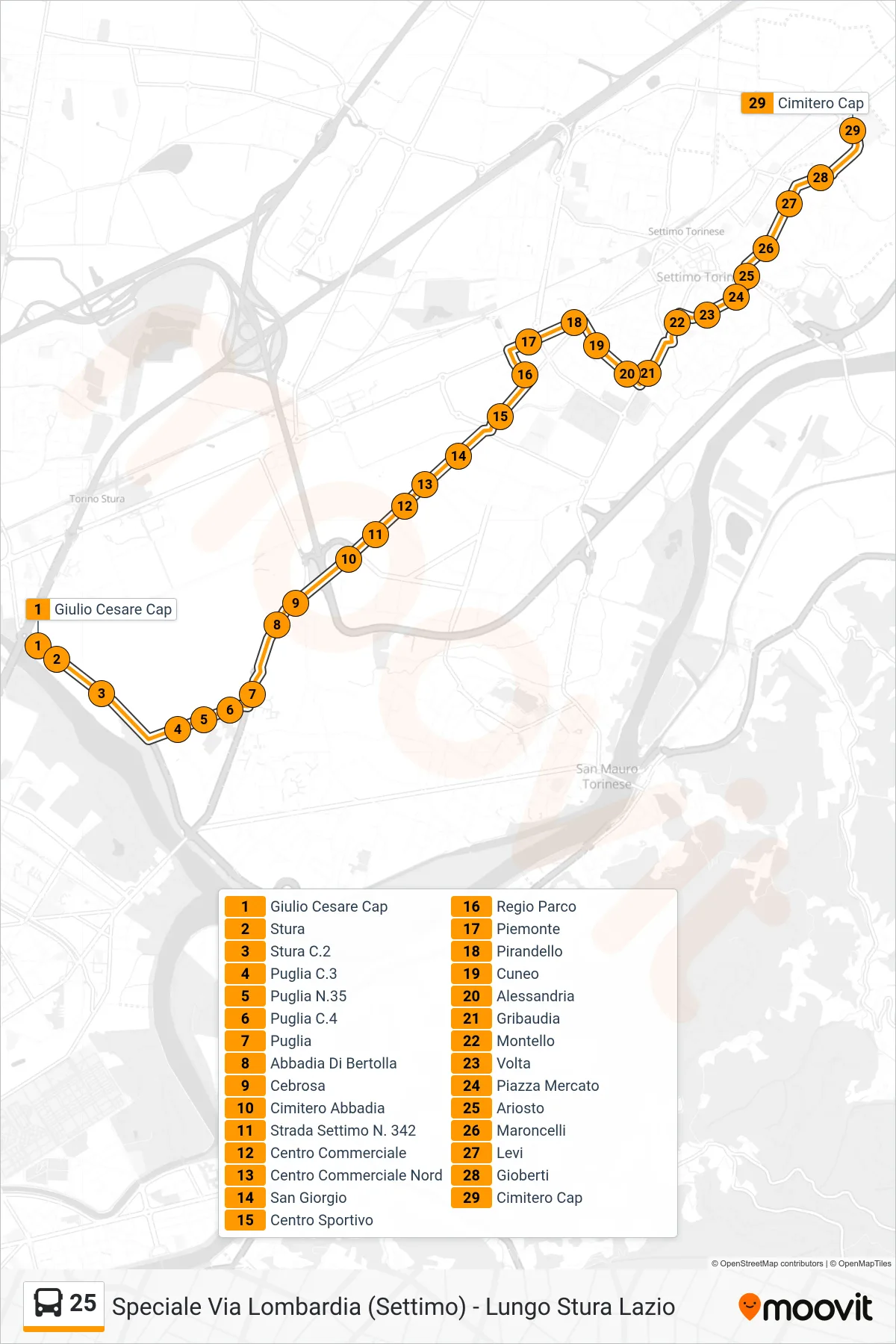 Linea 25 bus (Settimo Torinese Via Lombardia) - Percorsi e fermate sulla mappa