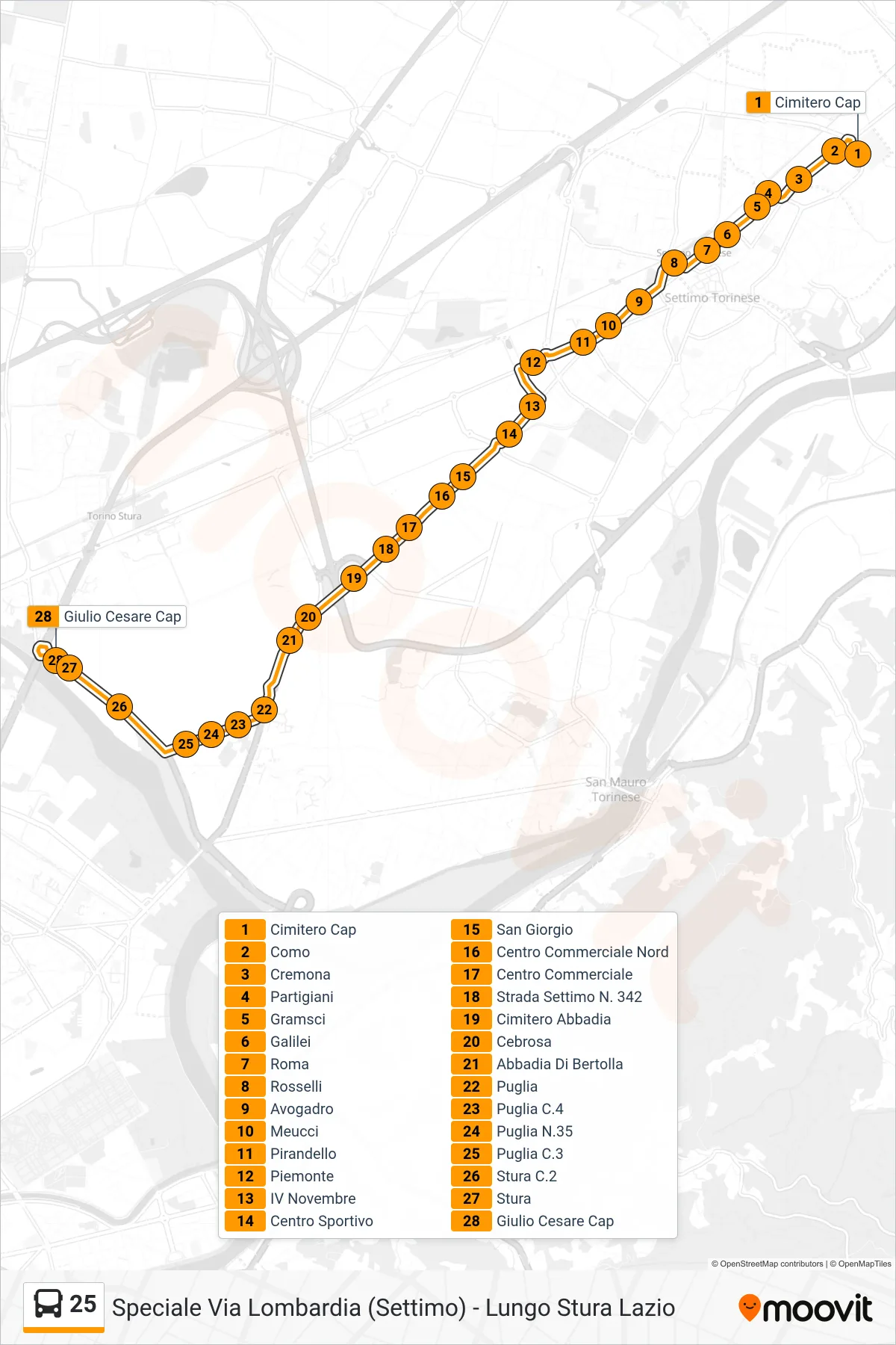 25 bus Line (Cnh Iveco Lungo Stura Lazio) route and stops on a map