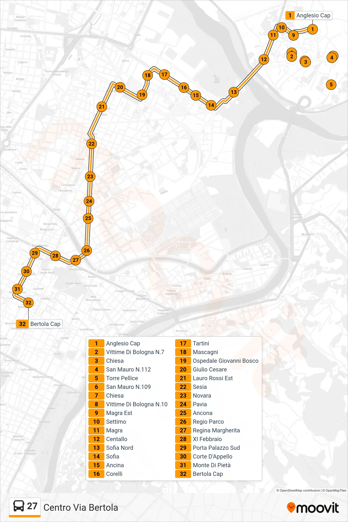 27 bus Line (Center Via Bertola) route and stops on a map