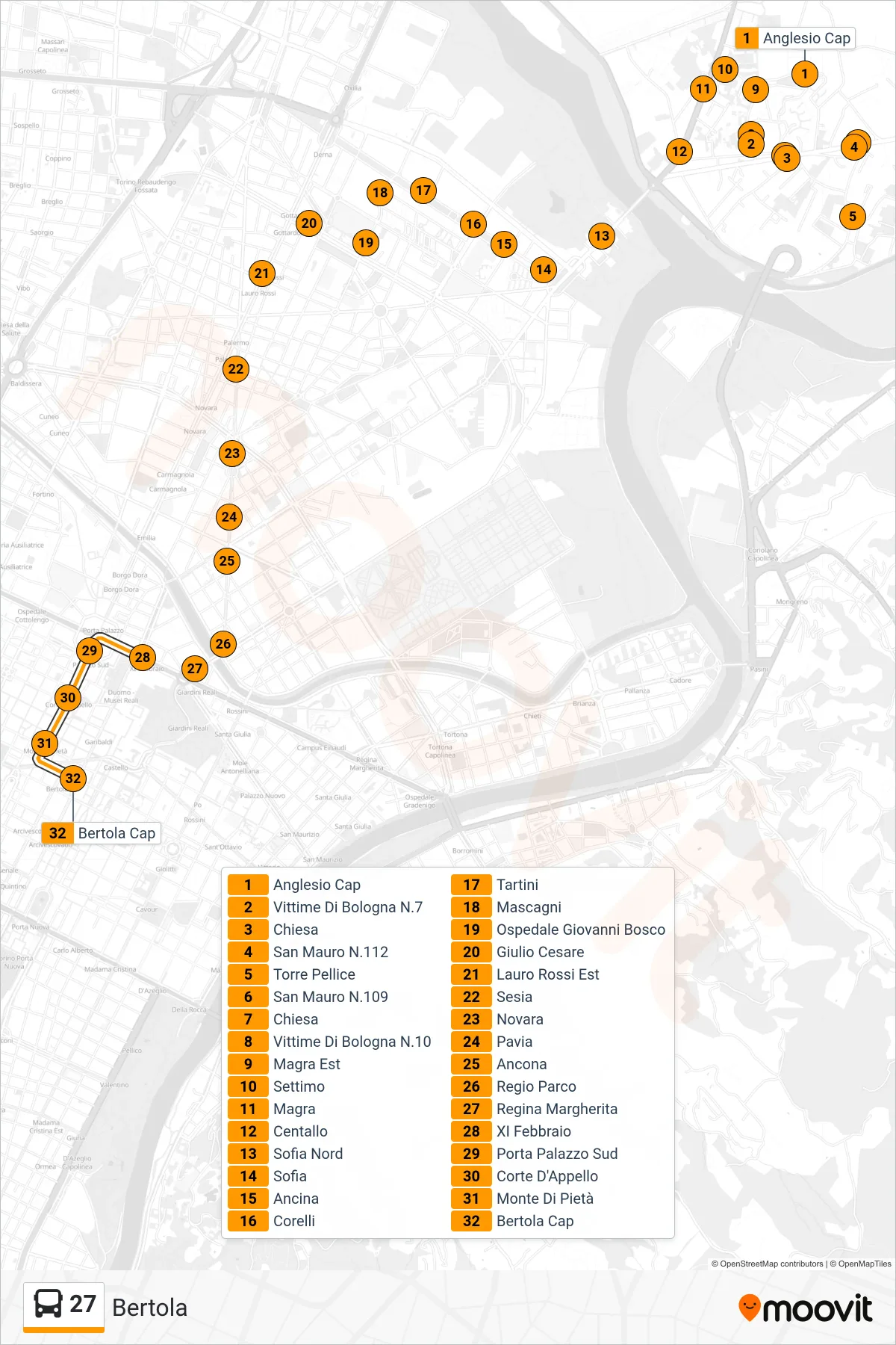 Linea 27 bus (Bertola) - Percorsi e fermate sulla mappa