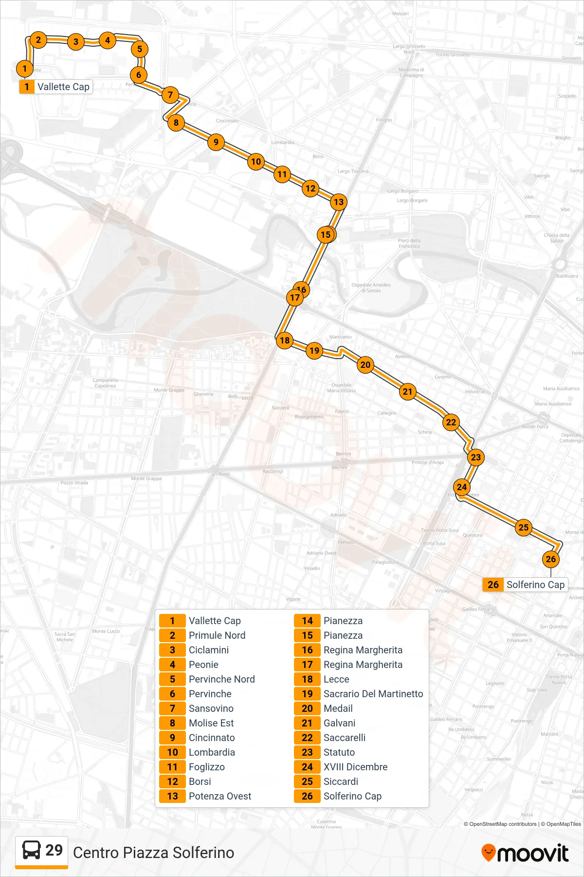 Linea 29  bus (Centro Piazza Solferino) - Percorsi e fermate sulla mappa