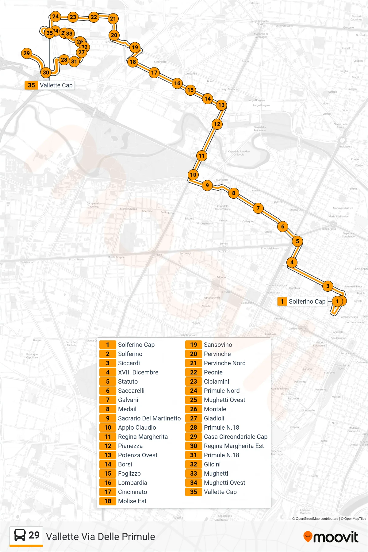 Linea 29 bus (Vallette Via Delle Primule) - Percorsi e fermate sulla mappa
