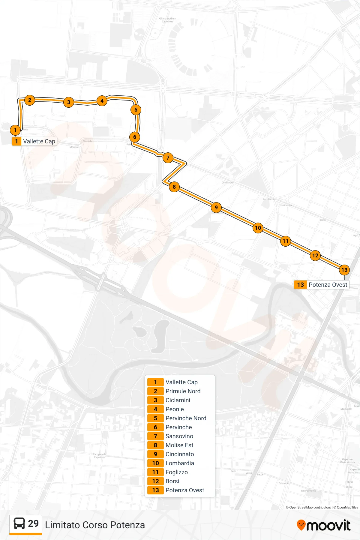Linea 29 bus (Limitato Corso Potenza) - Percorsi e fermate sulla mappa