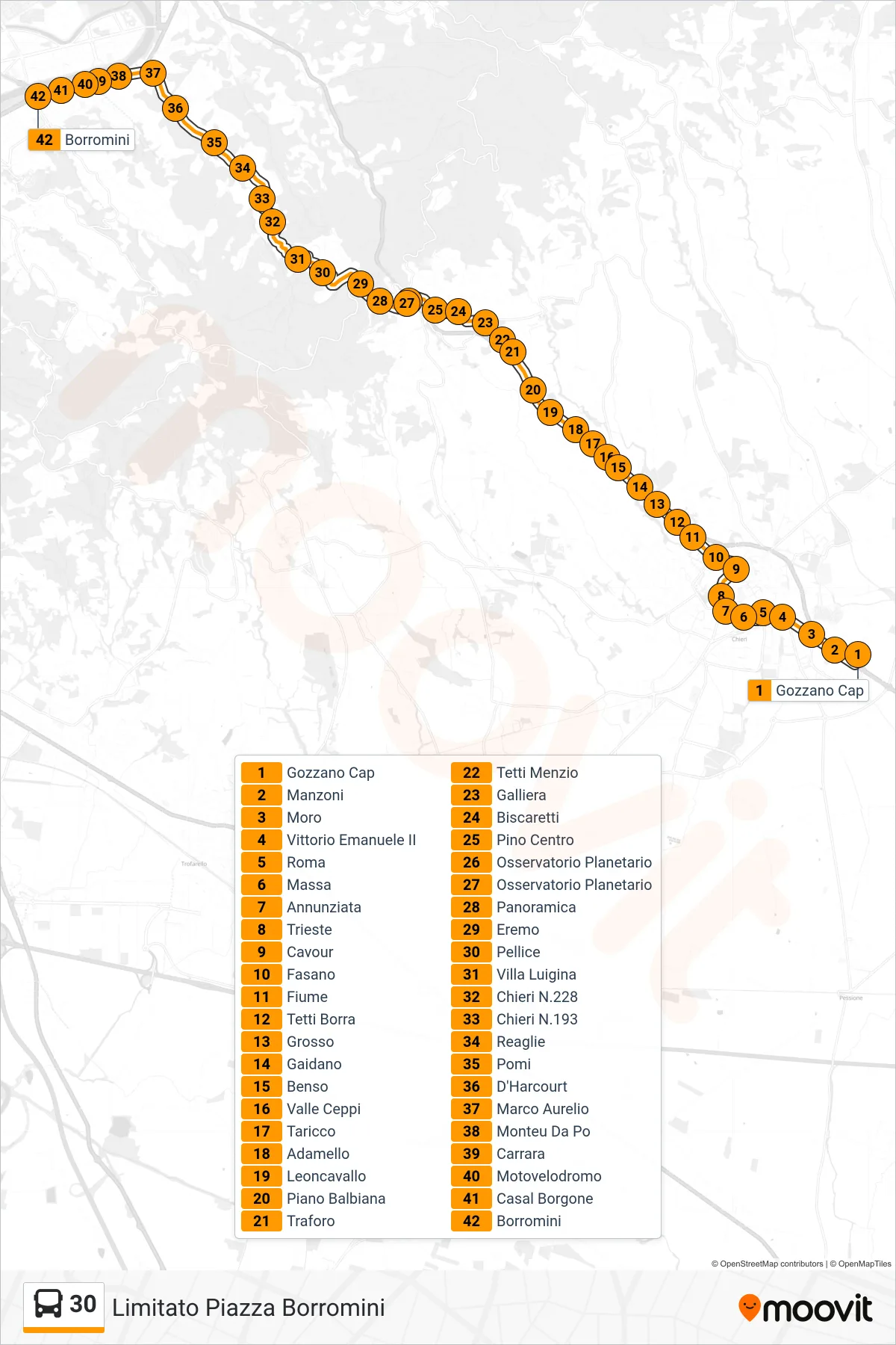 30 bus Line (Limited to Piazza Borromini) route and stops on a map
