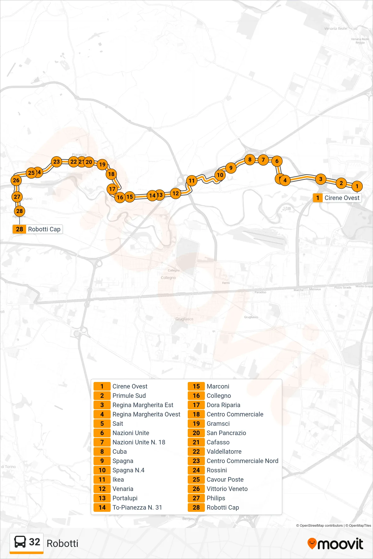 Linea 32 bus (Robotti) - Percorsi e fermate sulla mappa