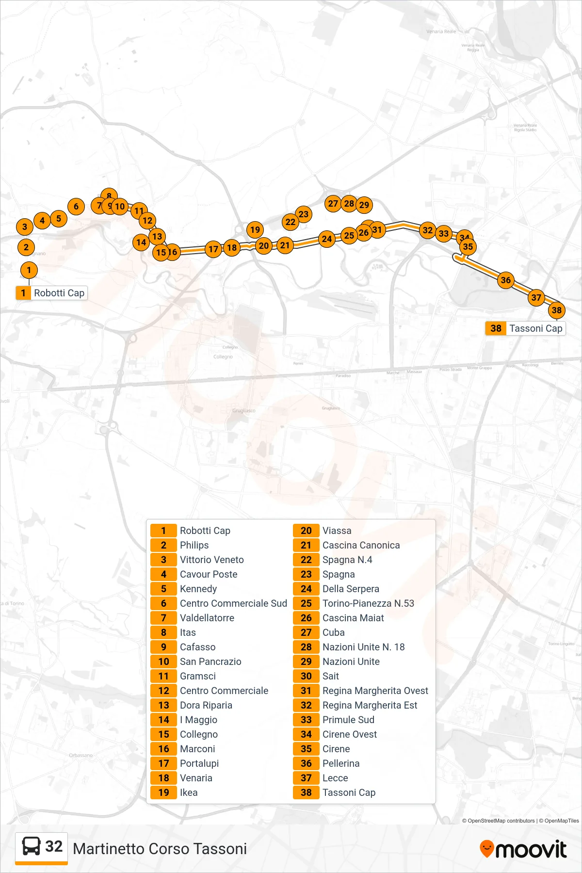 32 bus Line (Martinetto Corso Tassoni) route and stops on a map