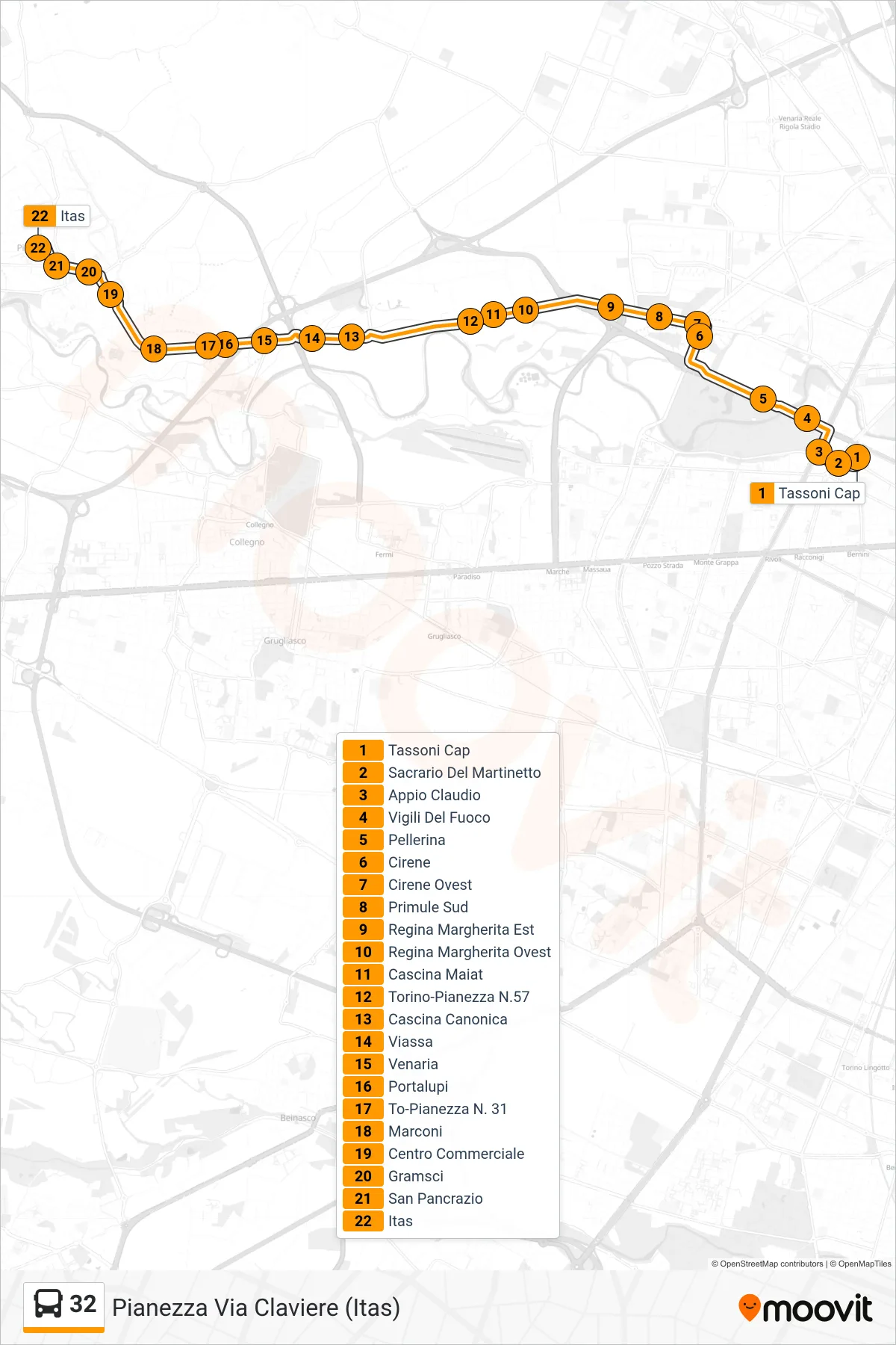 Linea 32 bus (Pianezza Via Claviere (Itas)) - Percorsi e fermate sulla mappa
