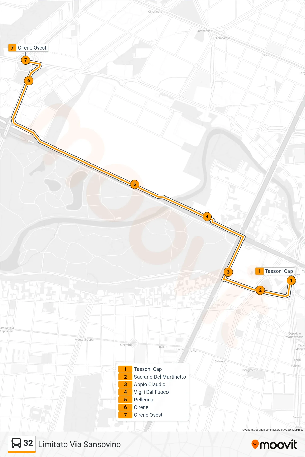 Linea 32  bus (Limitato Via Sansovino) - Percorsi e fermate sulla mappa