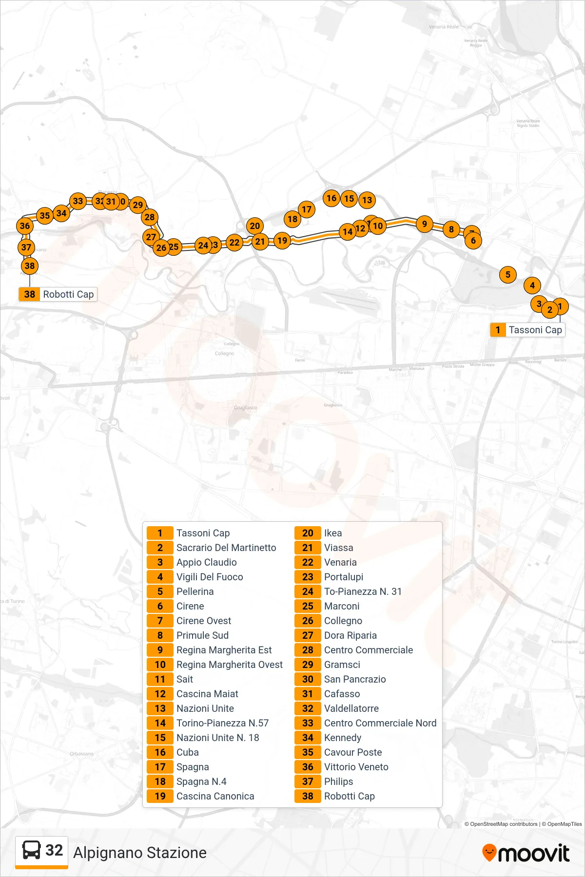 Linea 32  bus (Alpignano Stazione) - Percorsi e fermate sulla mappa