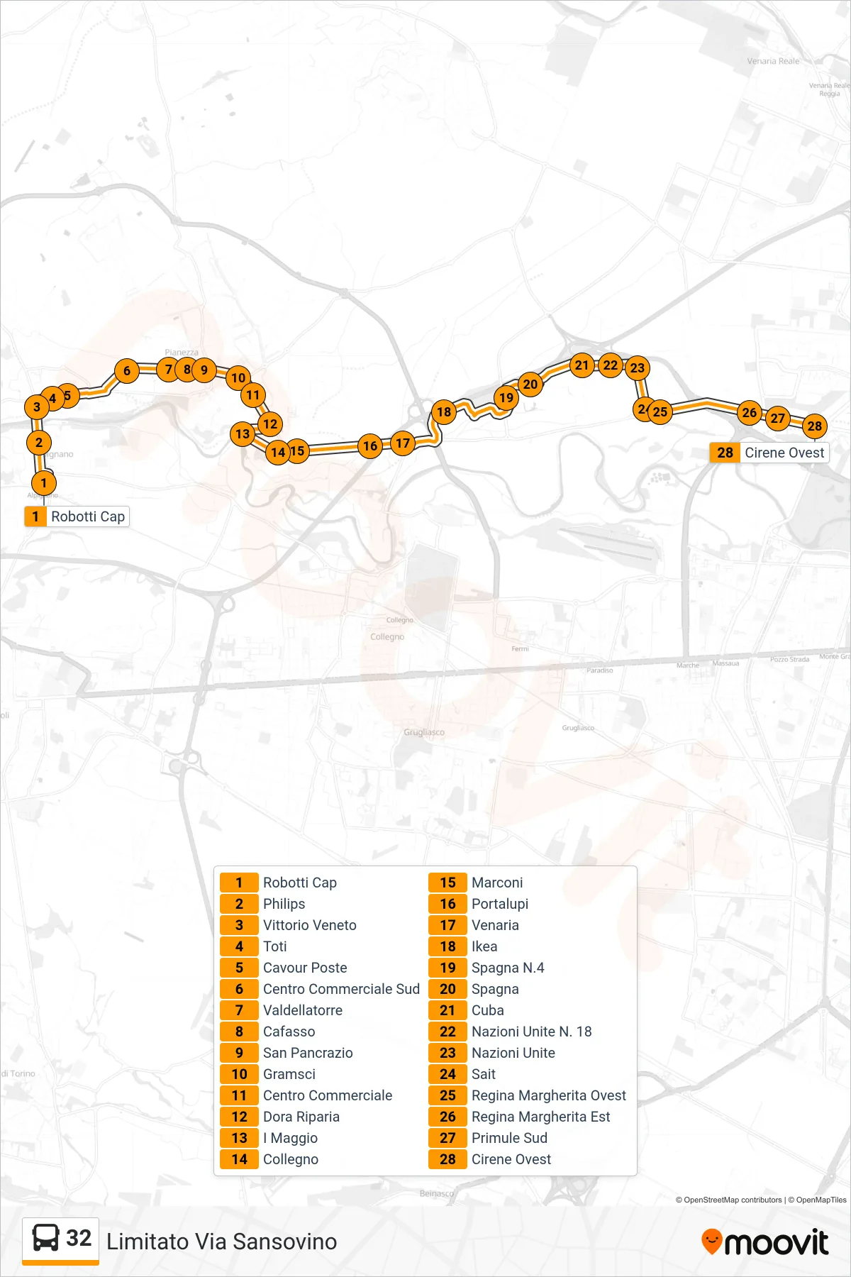 Linea 32 bus (Limitato Via Sansovino) - Percorsi e fermate sulla mappa