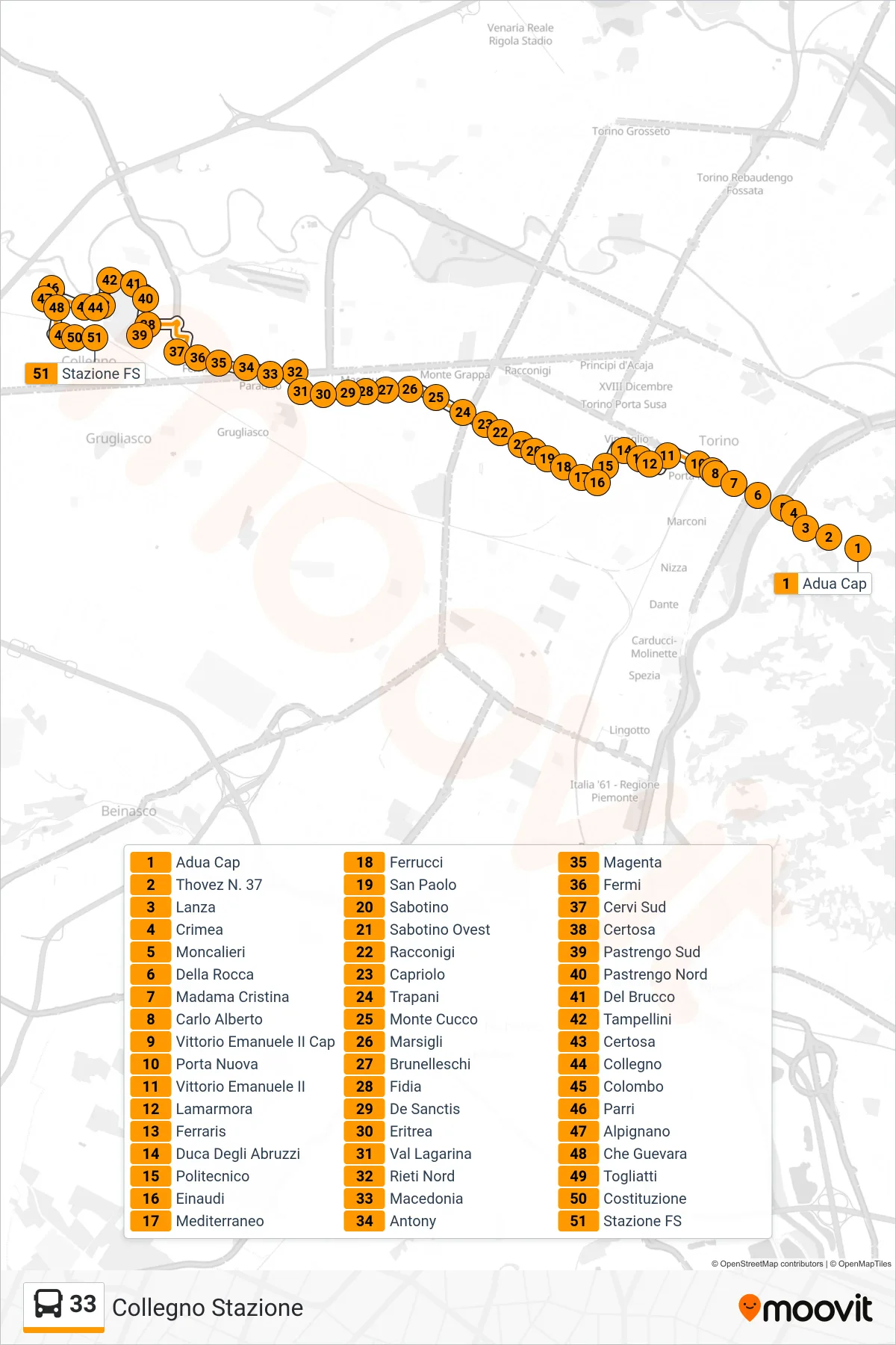 Linea 33  bus (Collegno Stazione) - Percorsi e fermate sulla mappa