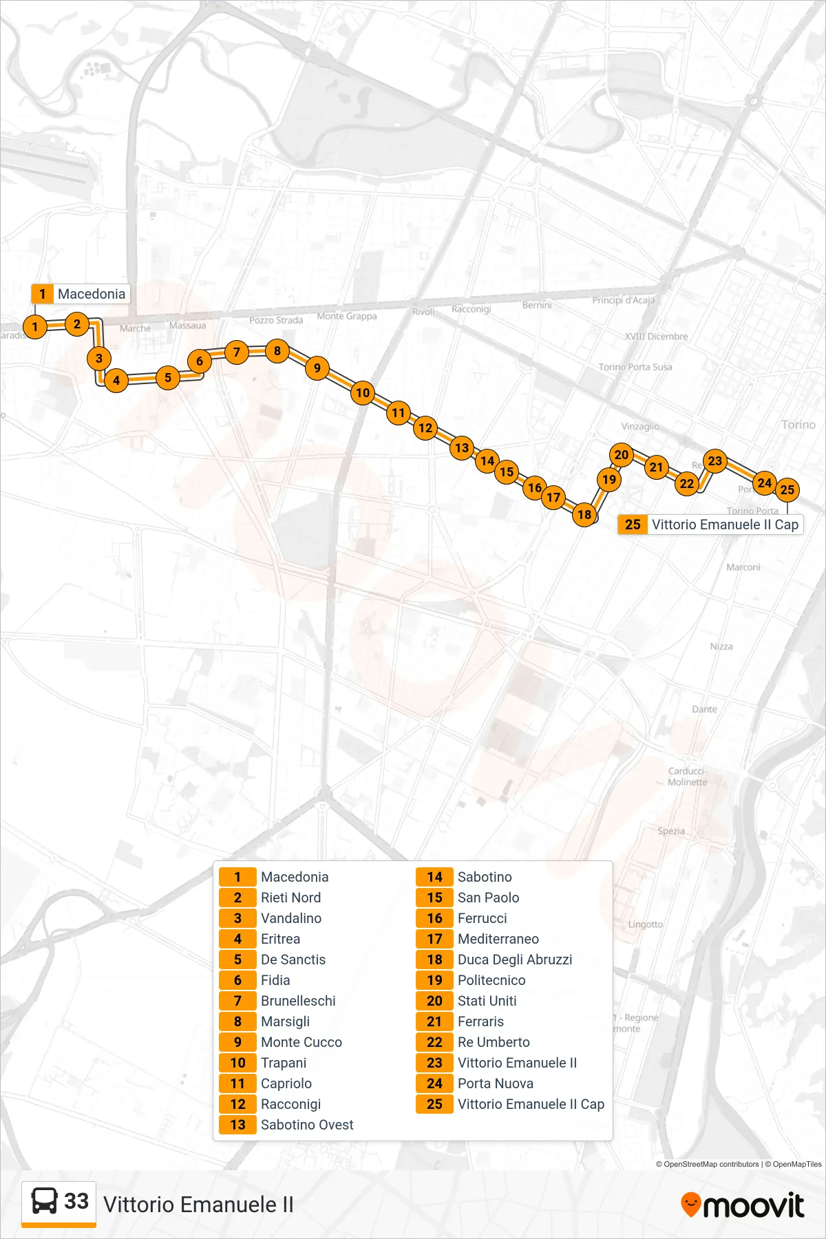 33 bus Line (Vittorio Emanuele II) route and stops on a map