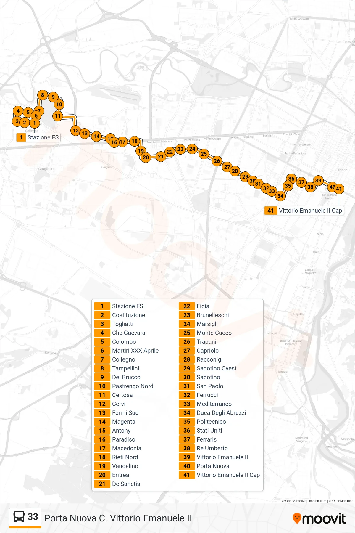 Linea 33 bus (Porta Nuova C. Vittorio Emanuele II) - Percorsi e fermate sulla mappa