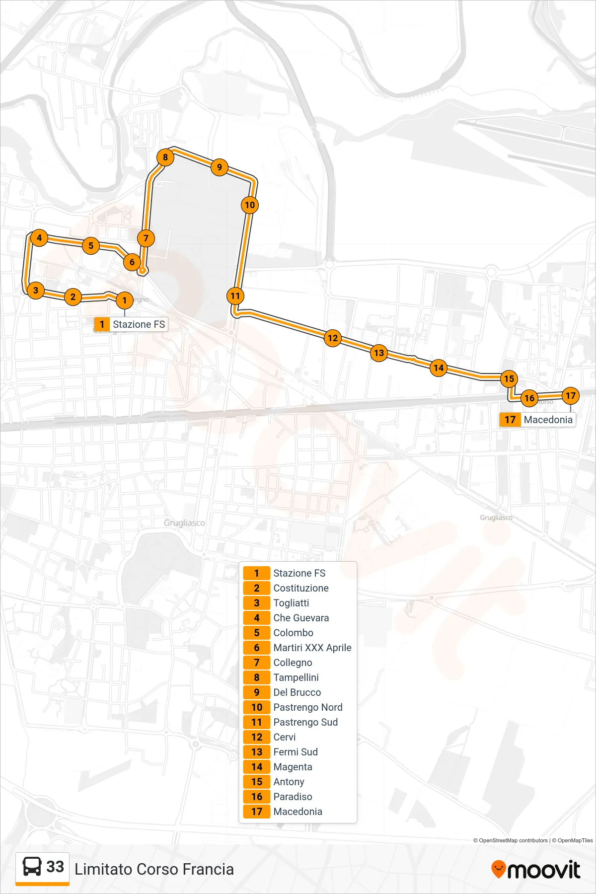 Linea 33 bus (Limitato Corso Francia) - Percorsi e fermate sulla mappa
