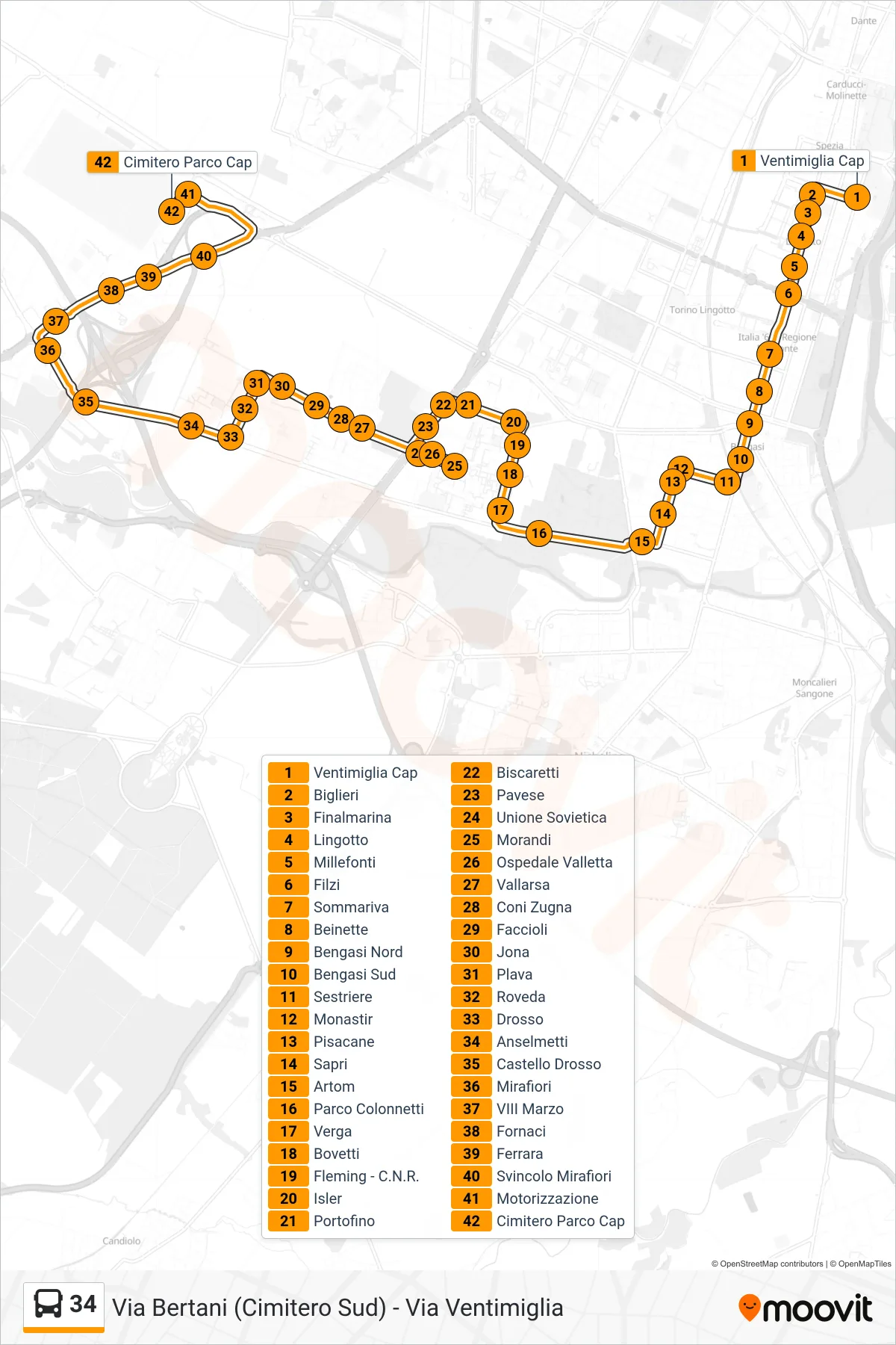Linea 34 bus (Cimitero Parco Via Bertani (Umc)) - Percorsi e fermate sulla mappa