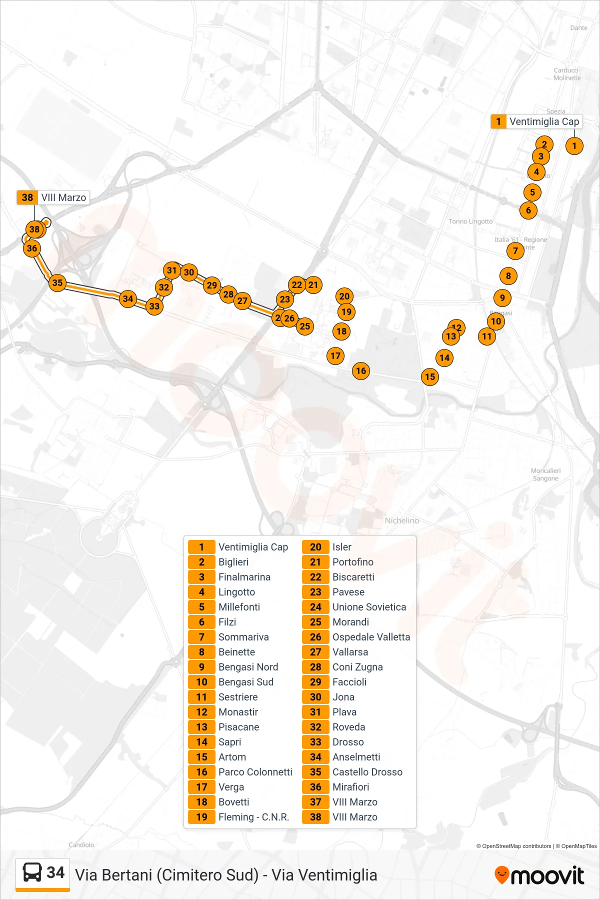 Linea 34 bus (Beinasco Strada Torino) - Percorsi e fermate sulla mappa