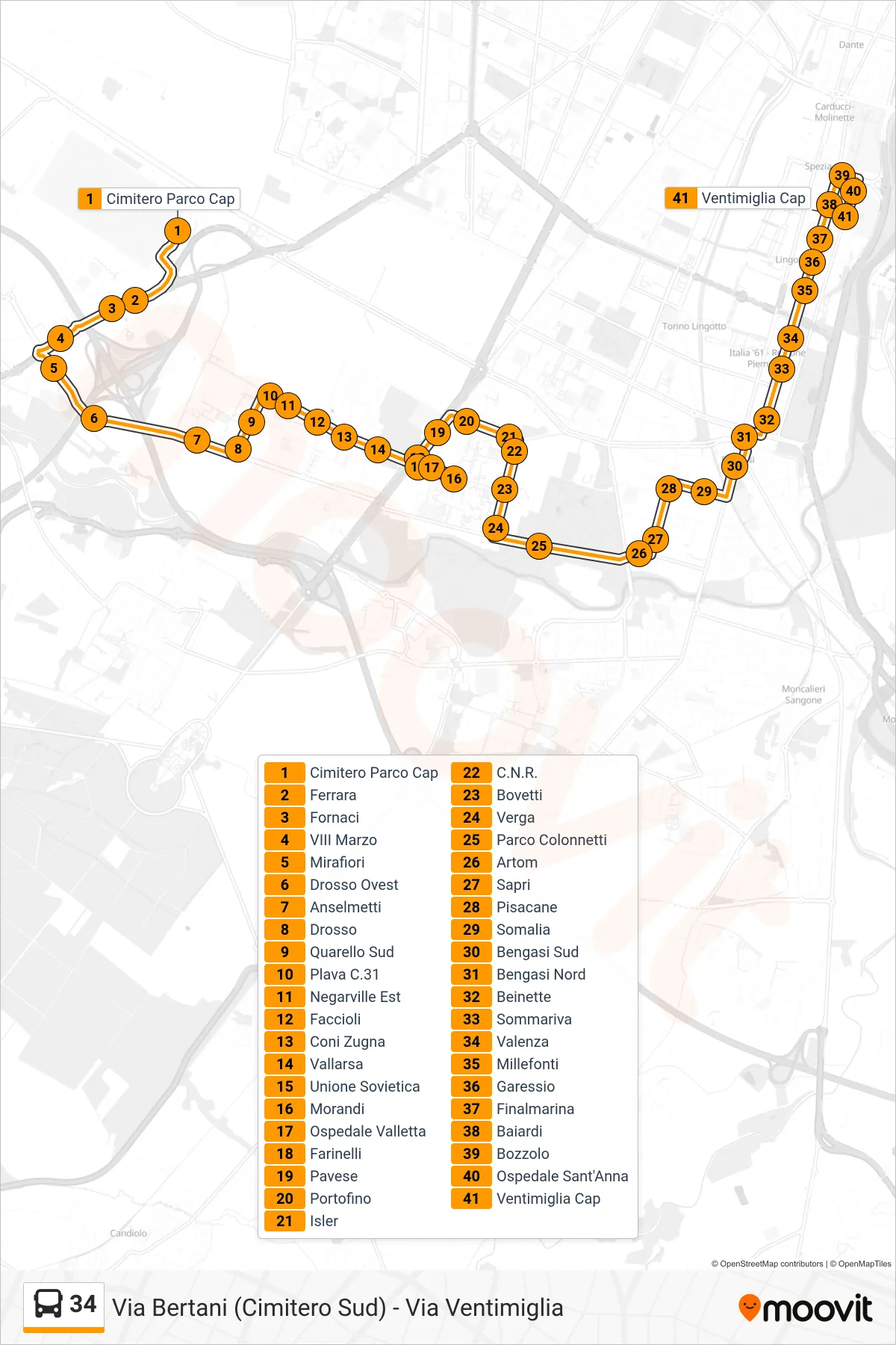 Linea 34  bus (Ospedali Via Ventimiglia) - Percorsi e fermate sulla mappa