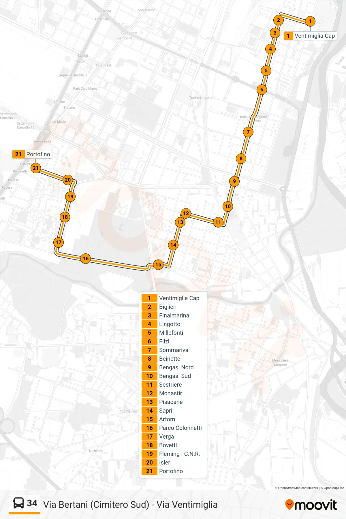 Linea 34 bus (Limitato Via Barbera) - Percorsi e fermate sulla mappa