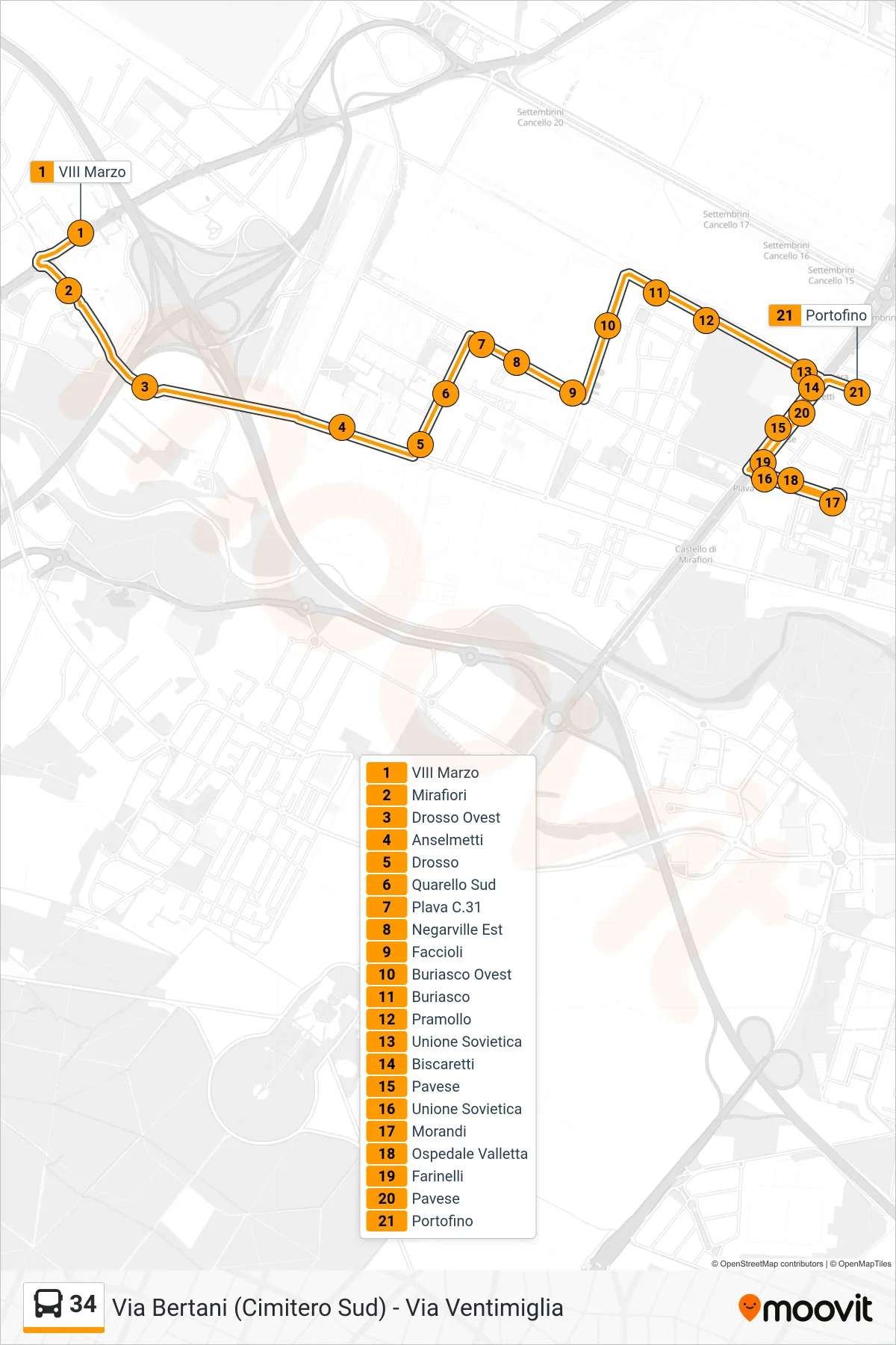 Linea 34  bus (Limitato Via Barbera) - Percorsi e fermate sulla mappa