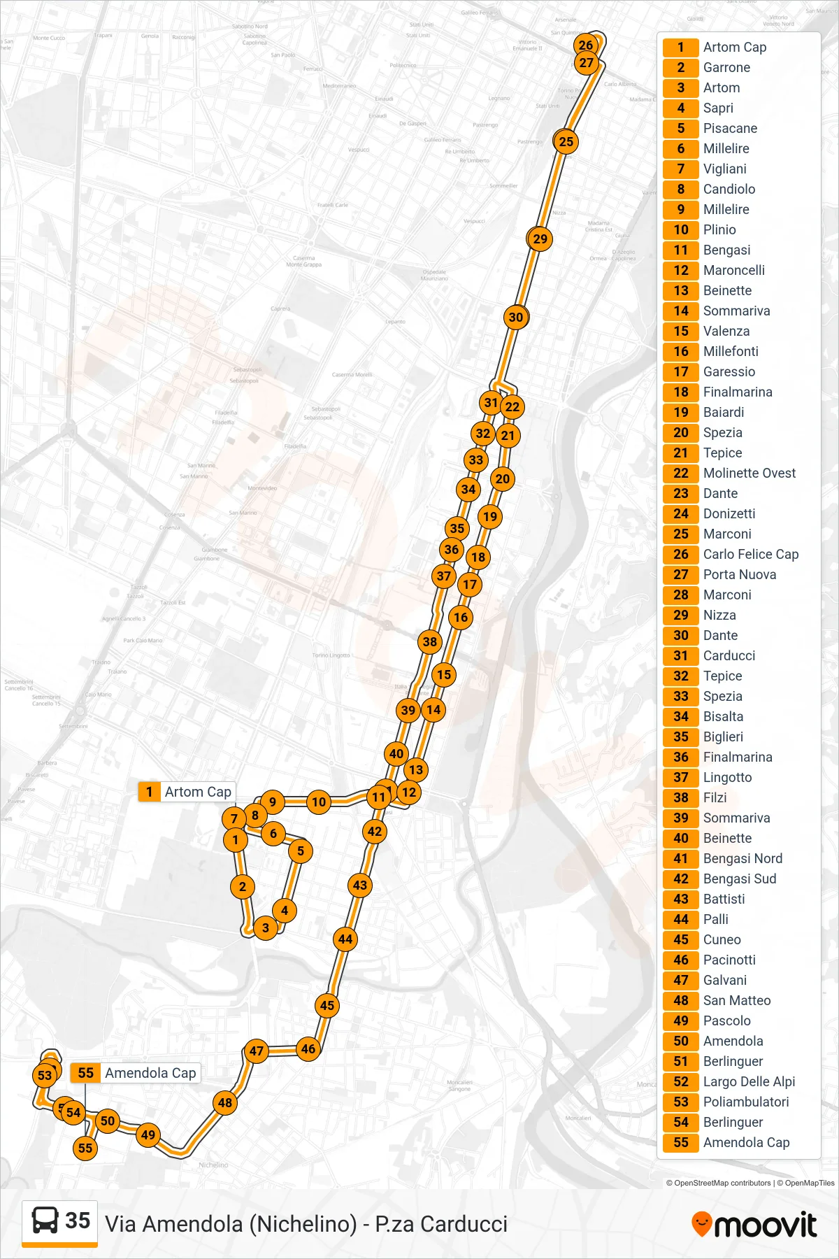 35 bus Line (Amendola) route and stops on a map