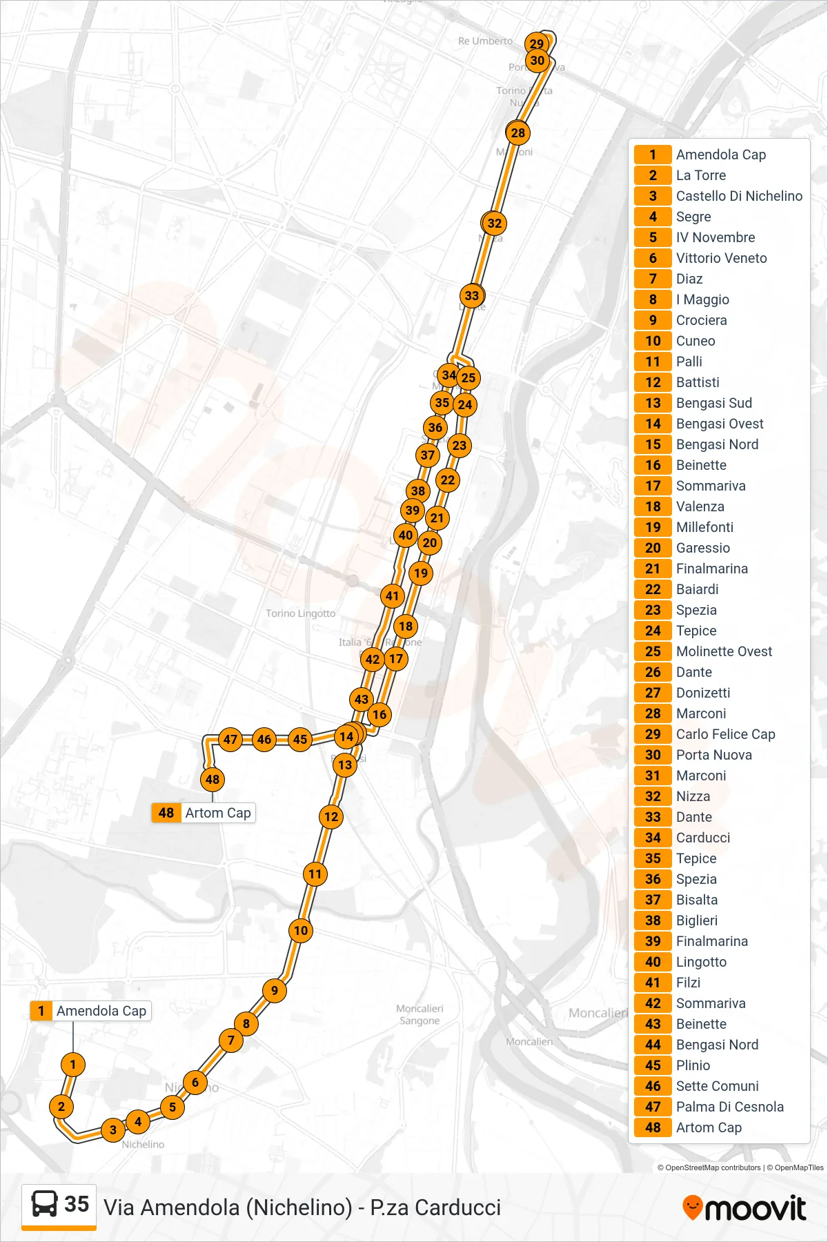 Linea 35 bus (Mirafiori Sud Via Artom) - Percorsi e fermate sulla mappa