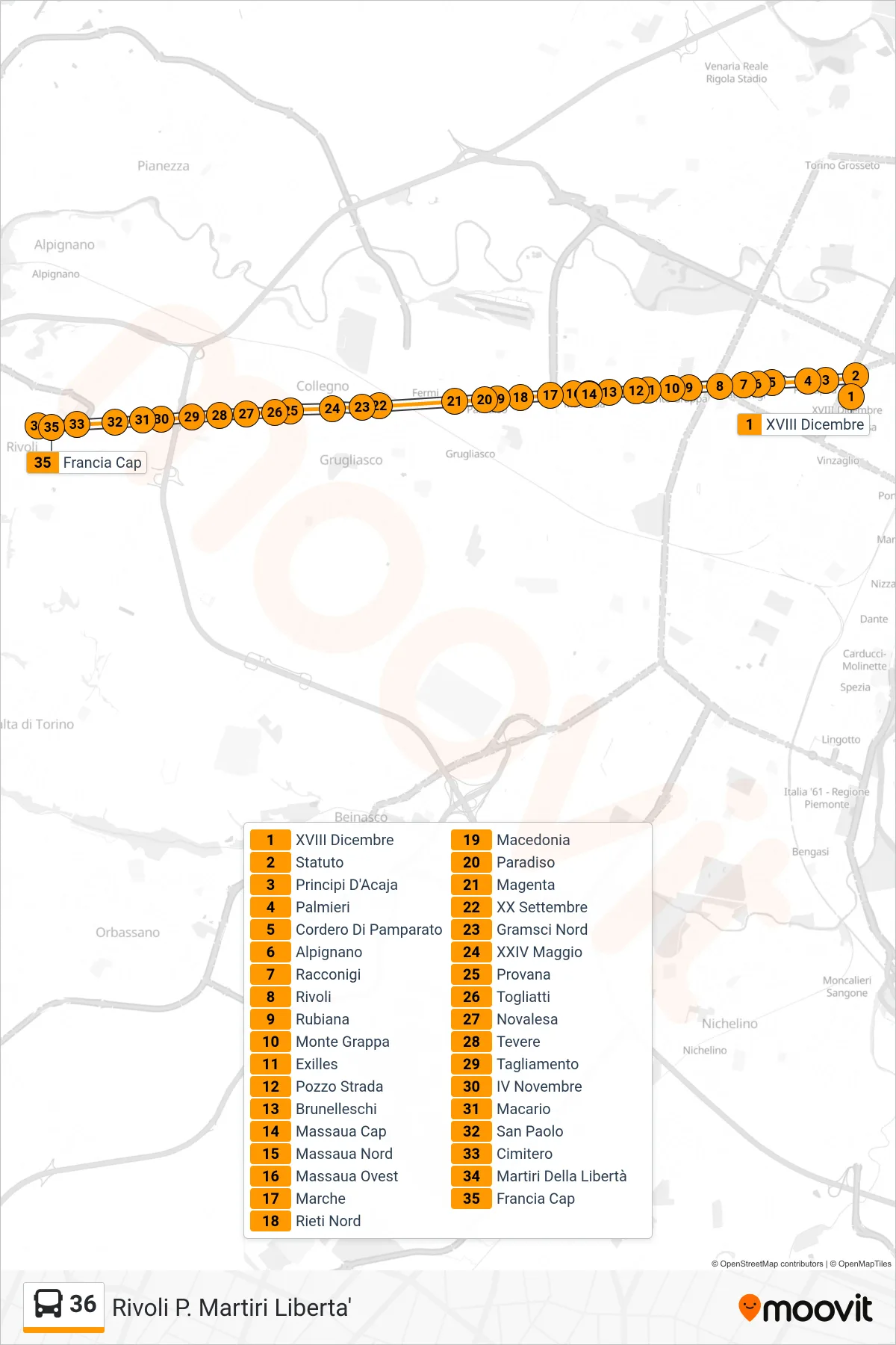 Linea 36 bus (Rivoli P. Martiri Liberta') - Percorsi e fermate sulla mappa