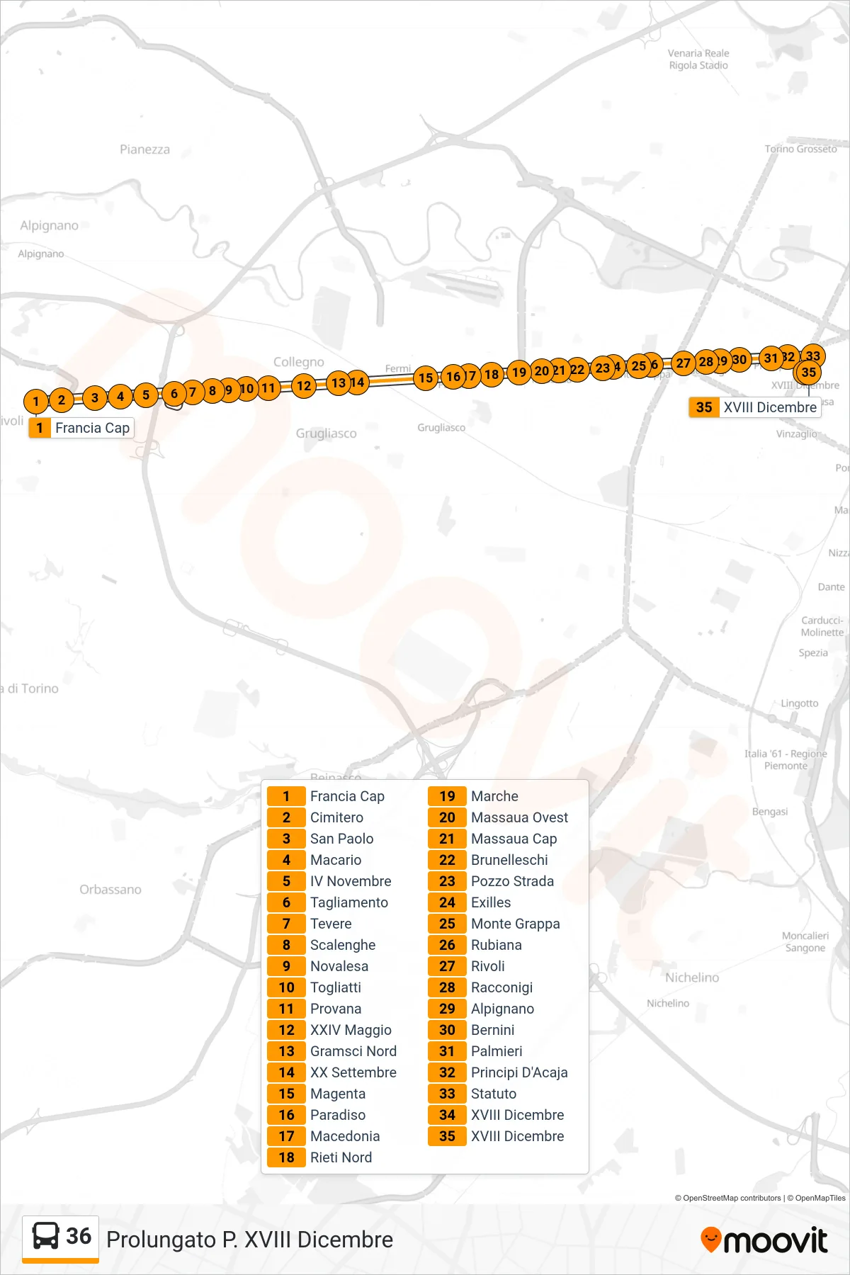 Linea 36  bus (Prolungato P. XVIII Dicembre) - Percorsi e fermate sulla mappa