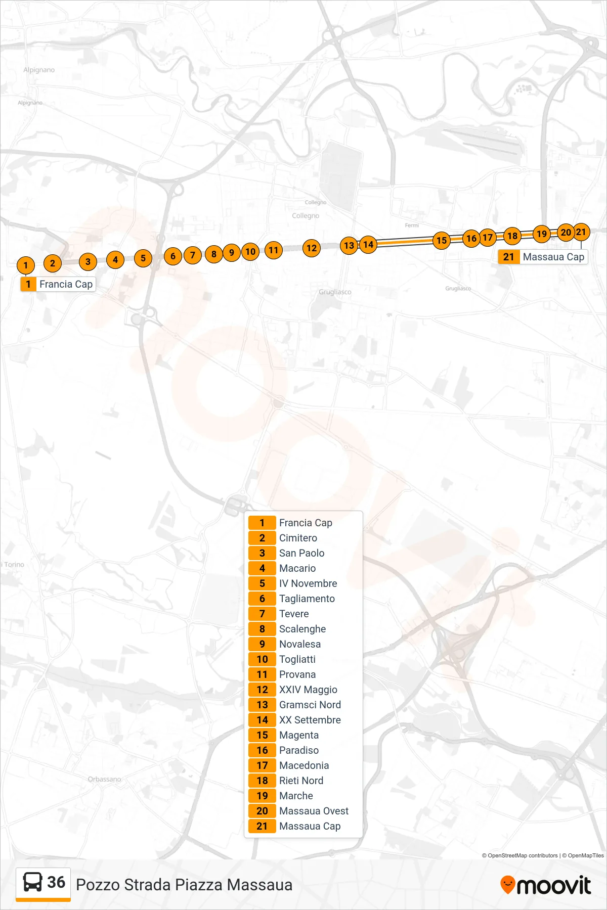 Linea 36 bus (Pozzo Strada Piazza Massaua) - Percorsi e fermate sulla mappa