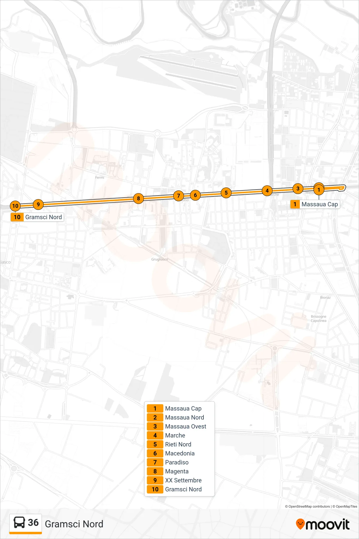 Linea 36 bus (Gramsci Nord) - Percorsi e fermate sulla mappa