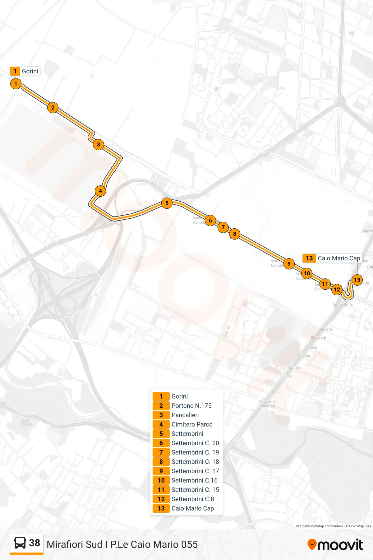 Linea 38 bus (Mirafiori Sud I P.Le Caio Mario 055) - Percorsi e fermate sulla mappa