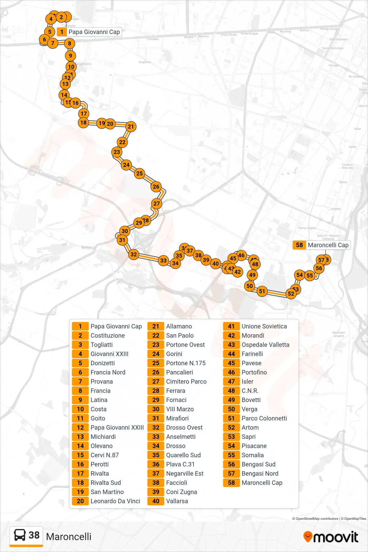 38 bus Line (Maroncelli) route and stops on a map