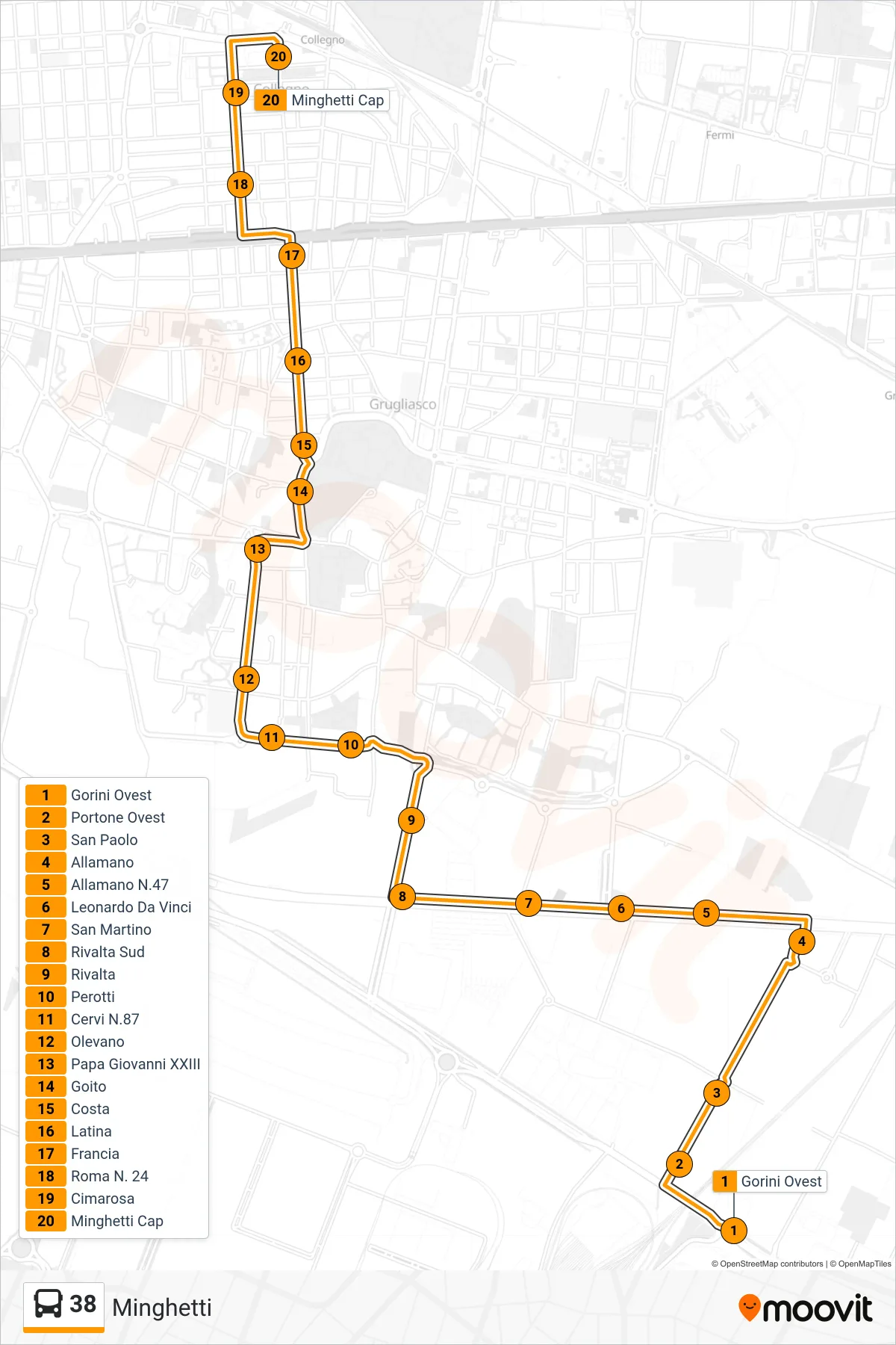 Linea 38 bus (Minghetti) - Percorsi e fermate sulla mappa